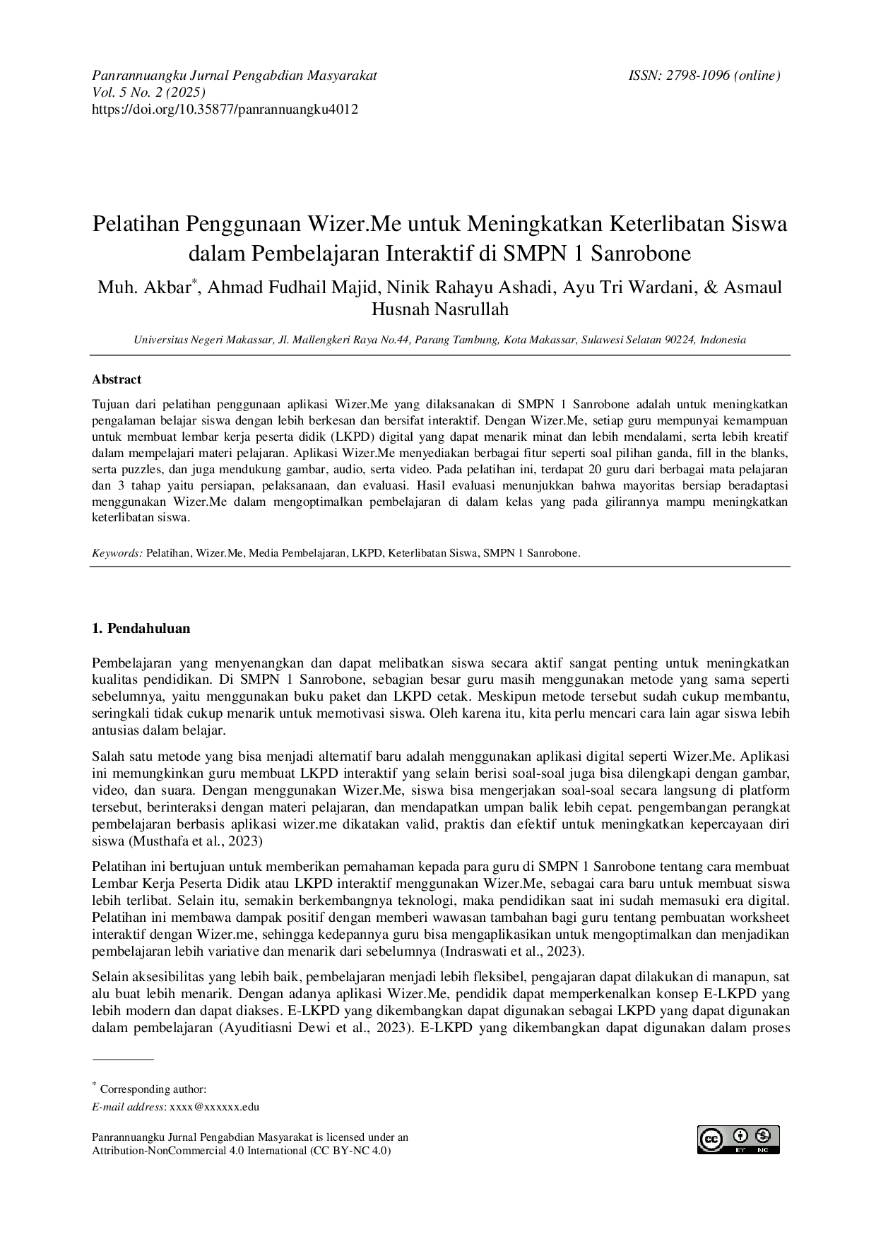 JURIS Pelatihan Penggunaan Wizer Me untuk Meningkatkan Keterlibatan Siswa dalam Pembelajaran Interaktif di SMPN 1 Sanrobone