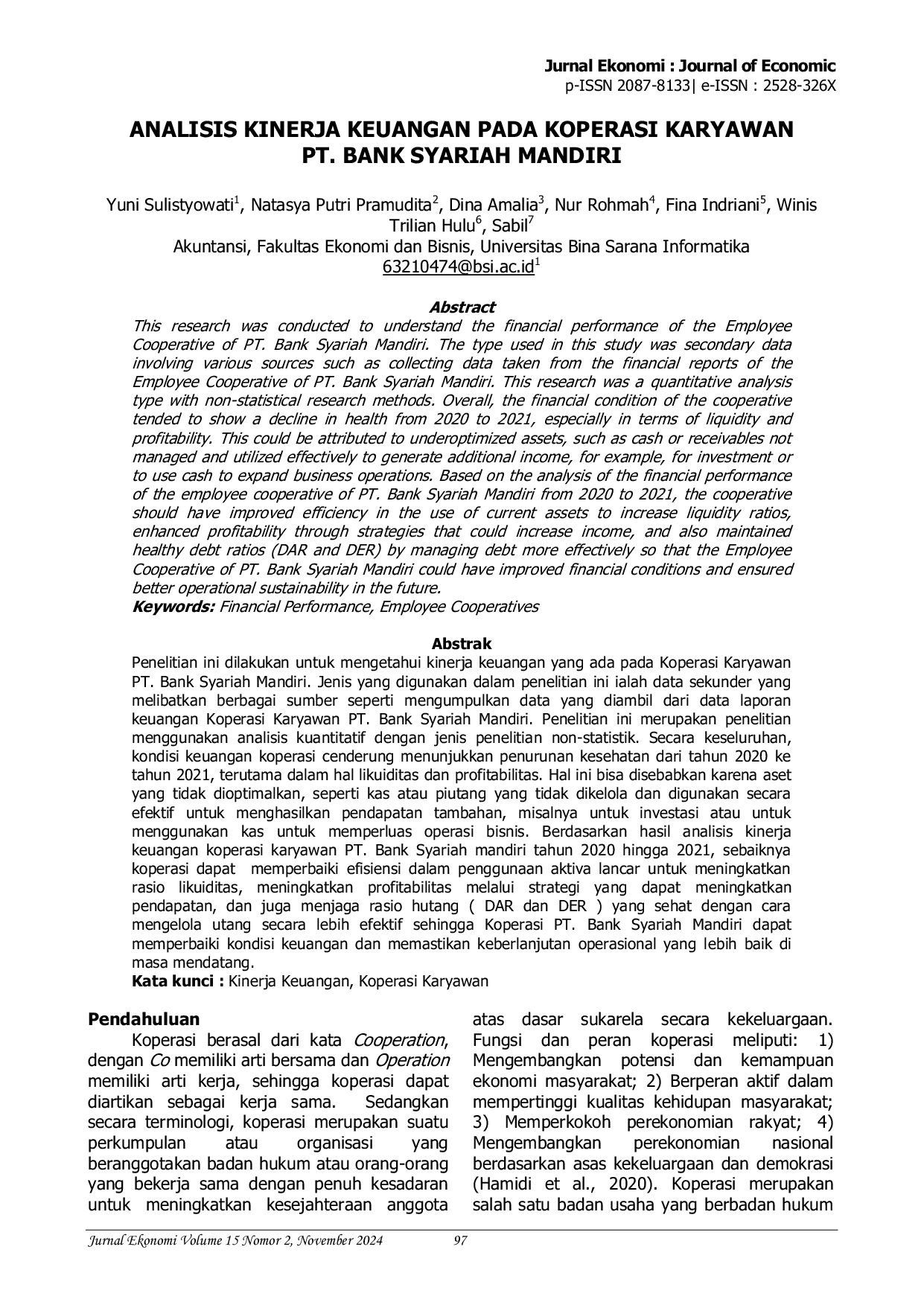 JURIS Analisis Kinerja Keuangan Pada Koperasi Karyawan PT Bank Syariah Mandiri
