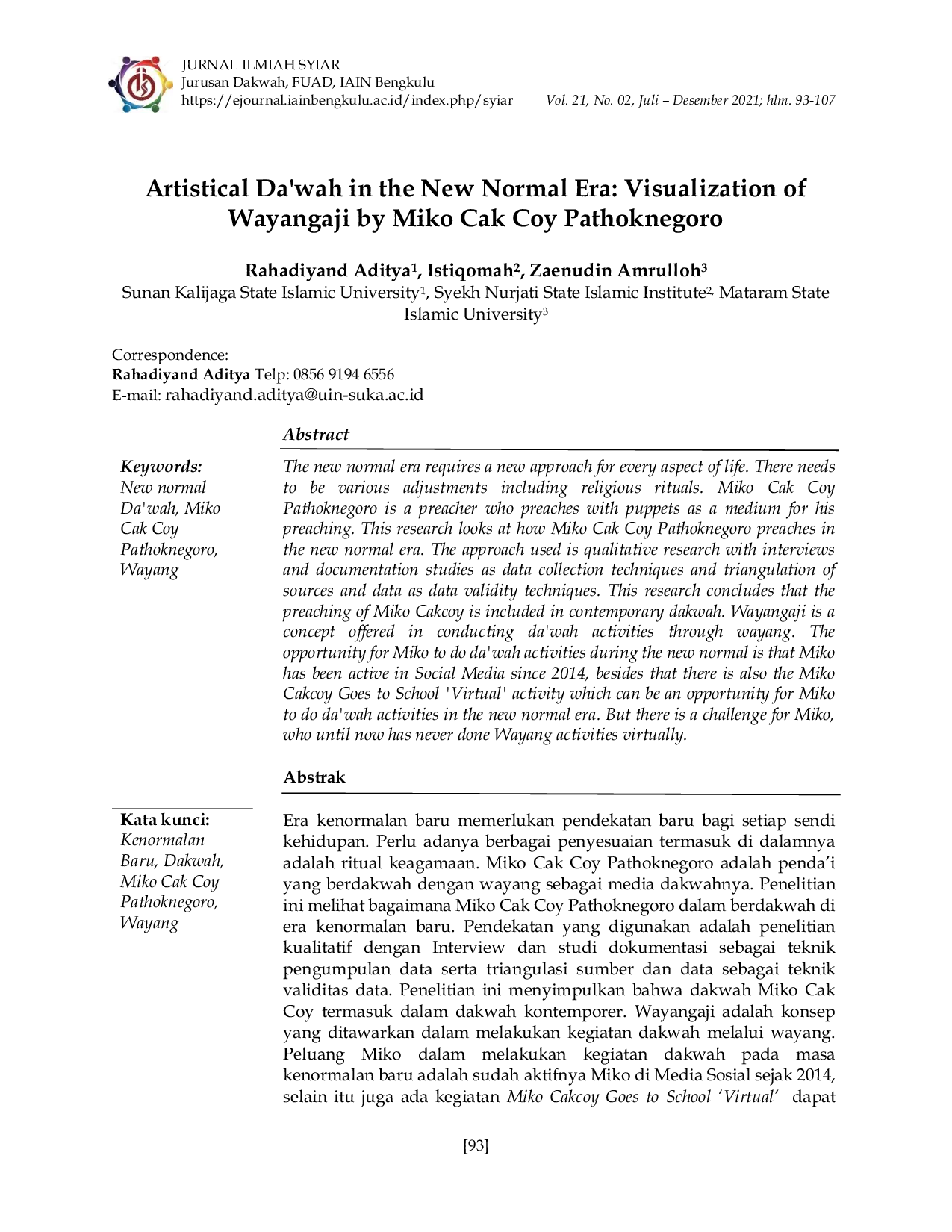 JURIS Artistical Da wah in the New Normal Era Visualization of Wayangaji by Miko Cak Coy Pathoknegoro