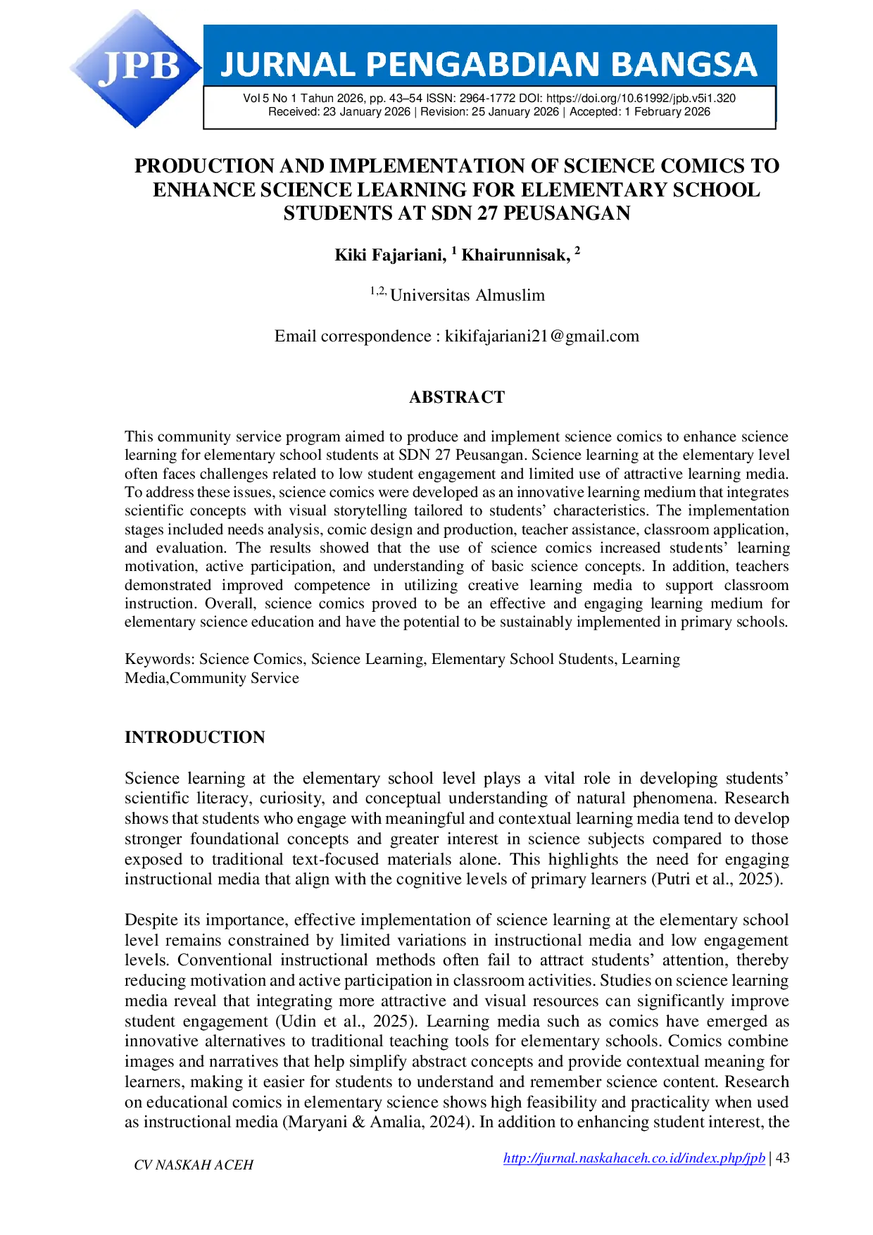 JURIS Production And Implementation Of Science Comics To Enhance Science Learning For Elementary School Students At Sdn 27 Peusangan