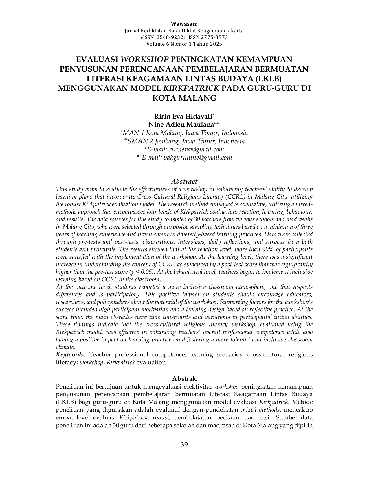 JURIS Evaluasi Workshop Peningkatan Kemampuan Penyusunan Perencanaan Pembelajaran Bermuatan Literasi Keagamaan Lintas Budaya LKLB Menggunakan Model Kirkpatrick Pada GuruAcGuru di Kota Malang