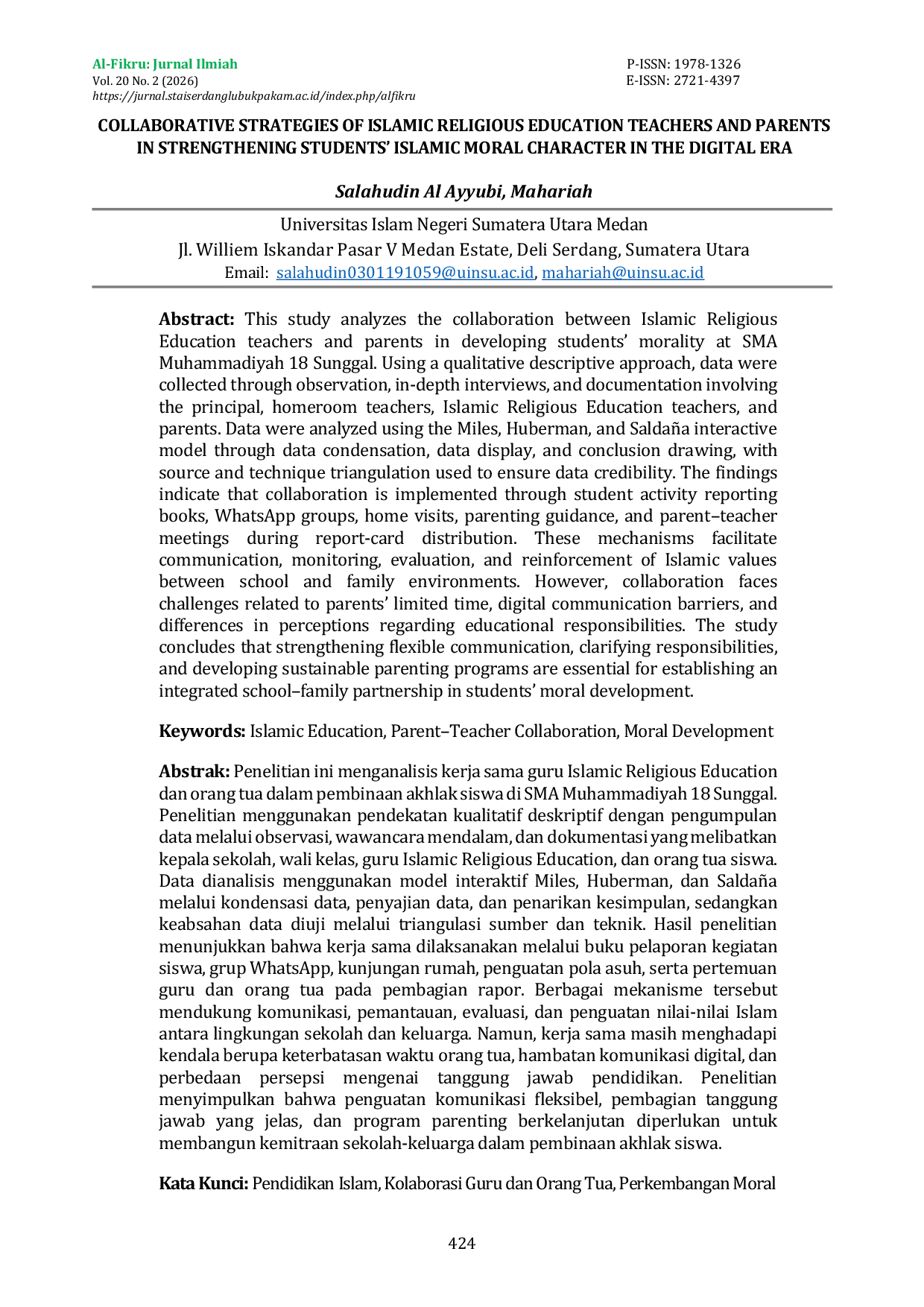 JURIS Collaborative Strategies of Islamic Religious Education Teachers and Parents in Strengthening Students Islamic Moral Character in the Digital Era