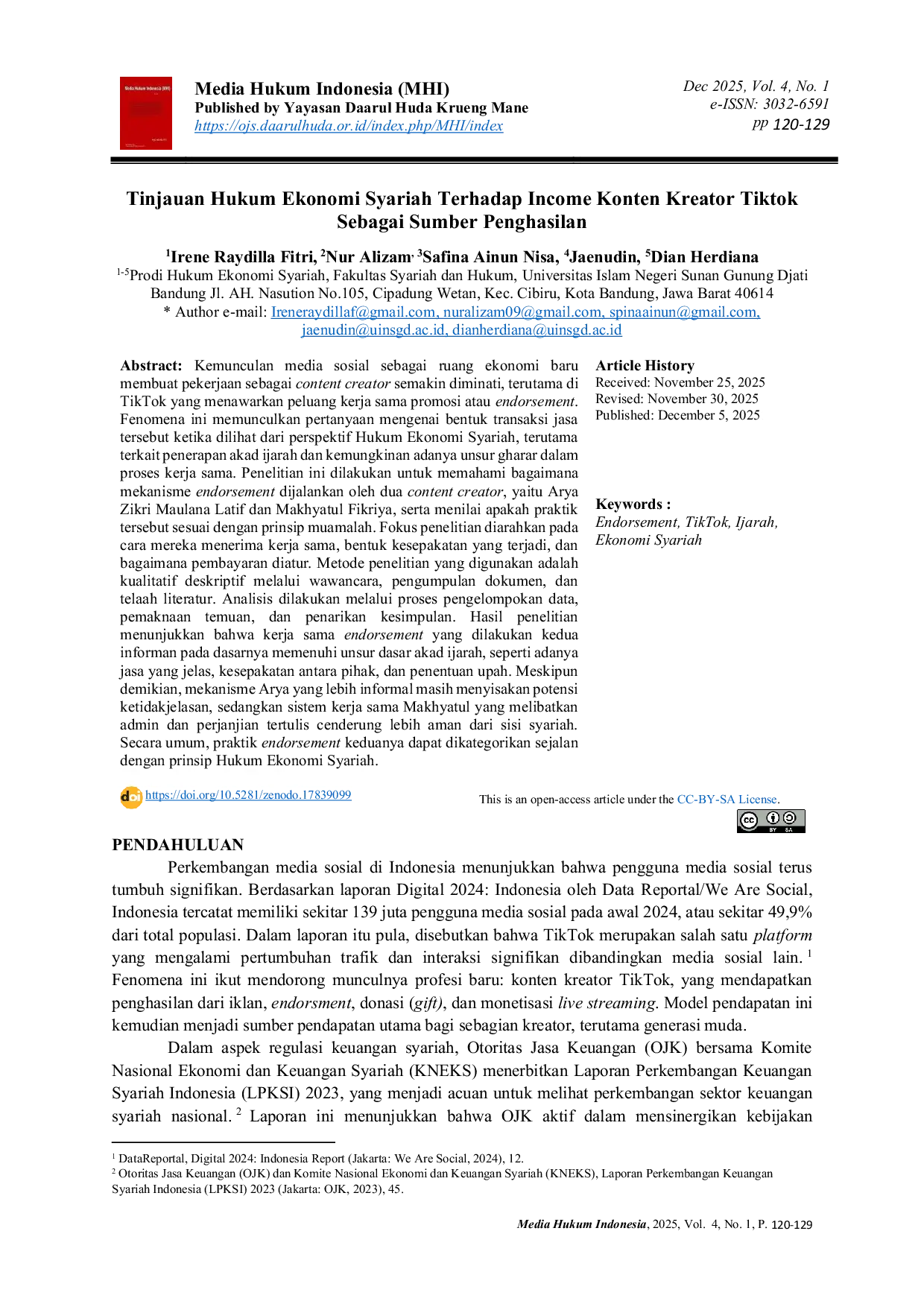 JURIS Tinjauan Hukum Ekonomi Syariah Terhadap Income Konten Kreator Tiktok Sebagai Sumber Penghasilan