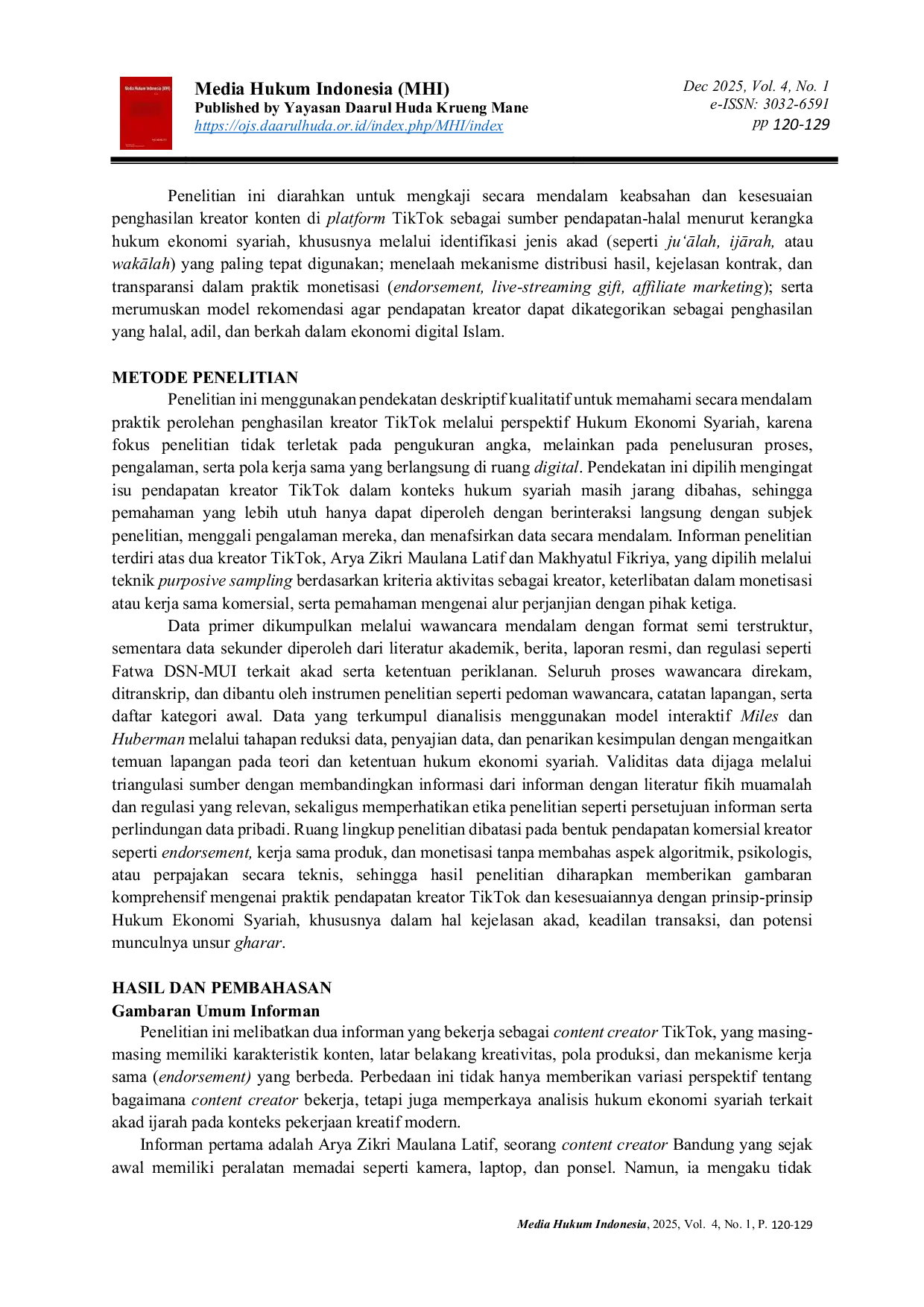JURIS Tinjauan Hukum Ekonomi Syariah Terhadap Income Konten Kreator Tiktok Sebagai Sumber Penghasilan