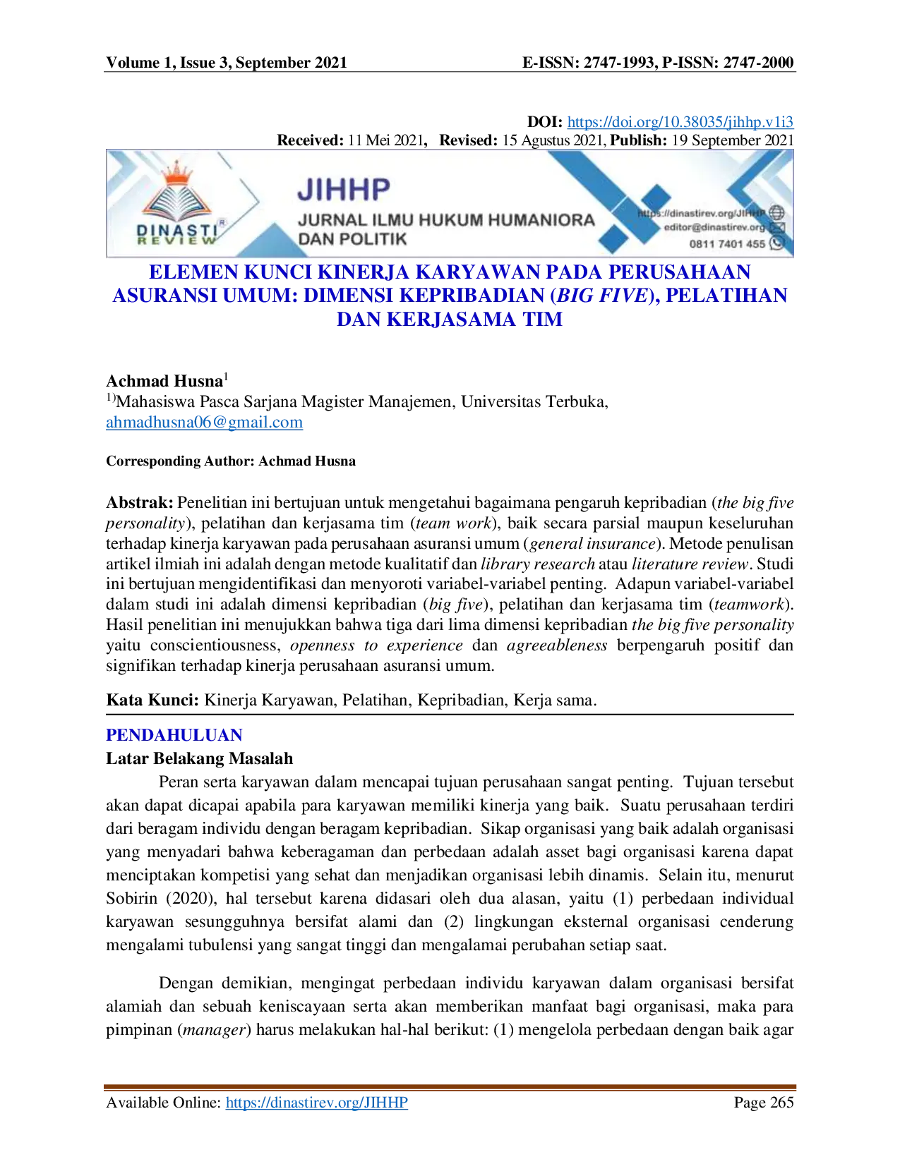 juris Elemen Kunci Kinerja Karyawan Pada Perusahaan Asuransi Umum Dimensi Kepribadian Big Five Pelatihan Dan Kerjasama Tim