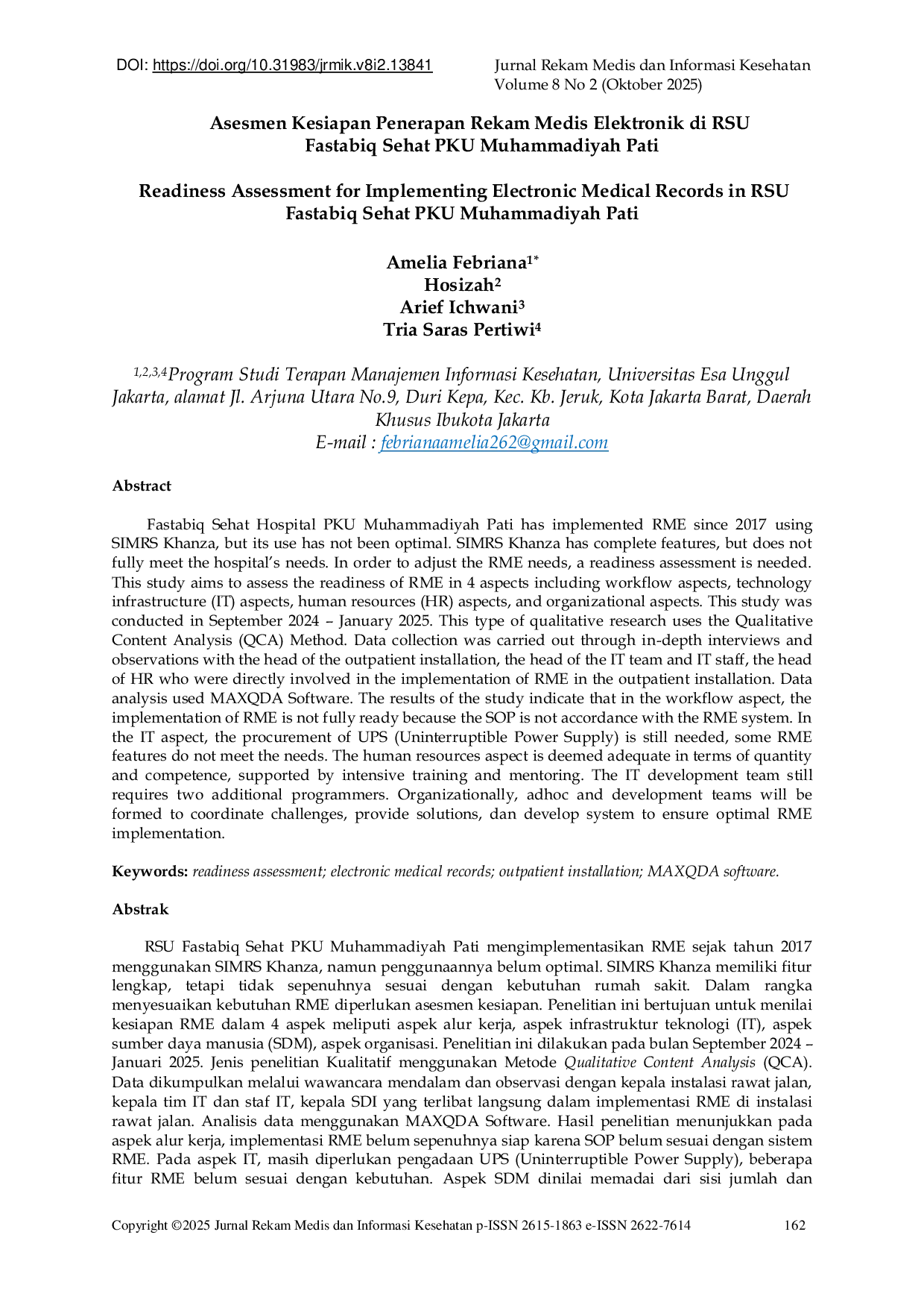 JURIS Asesmen Kesiapan Penerapan Rekam Medis Elektronik di RSU Fastabiq Sehat PKU Muhammadiyah Pati