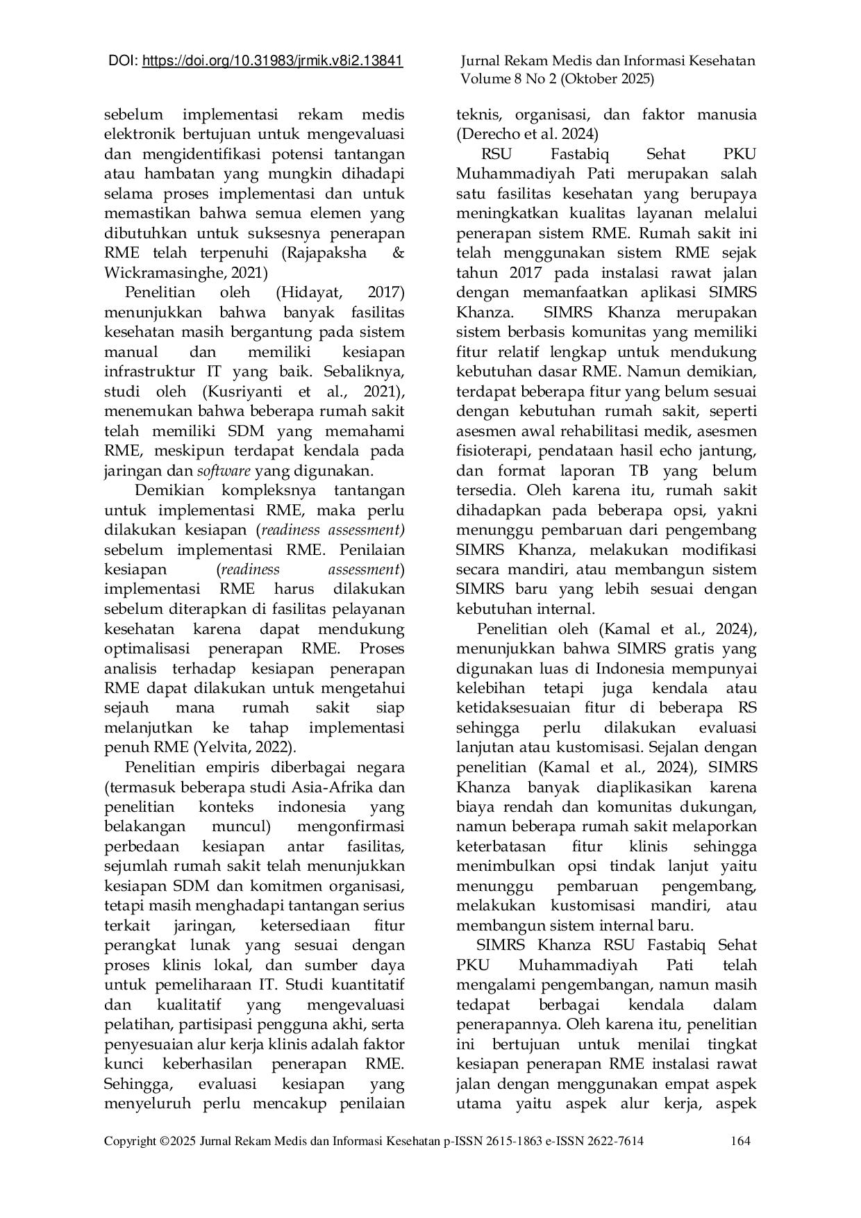 JURIS Asesmen Kesiapan Penerapan Rekam Medis Elektronik di RSU Fastabiq Sehat PKU Muhammadiyah Pati