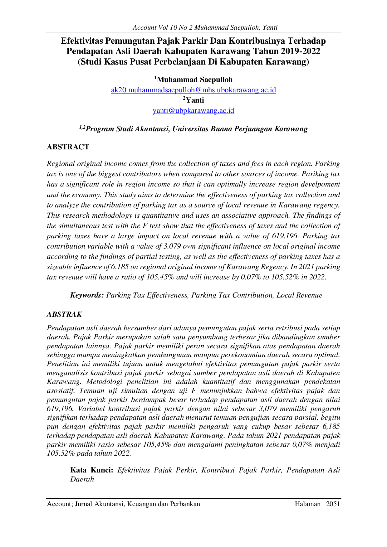 JURIS EFEKTIVITAS PEMUNGUTAN PAJAK PARKIR DAN KONTRIBUSINYA TERHADAP PENDAPATAN ASLI DAERAH KABUPATEN KARAWANG TAHUN 2019 2022 Studi Kasus Mall di Kabupaten Karawang Studi Kasus Pusat Perbelanjaan Di K