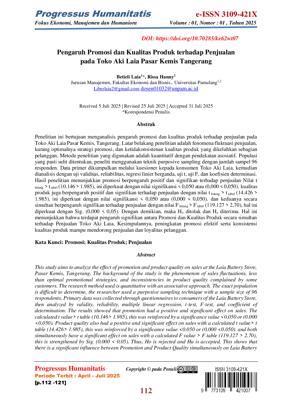 JURIS Pengaruh Promosi dan Kualitas Produk terhadap Penjualan pada Toko Aki Laia Pasar Kemis Tangerang
