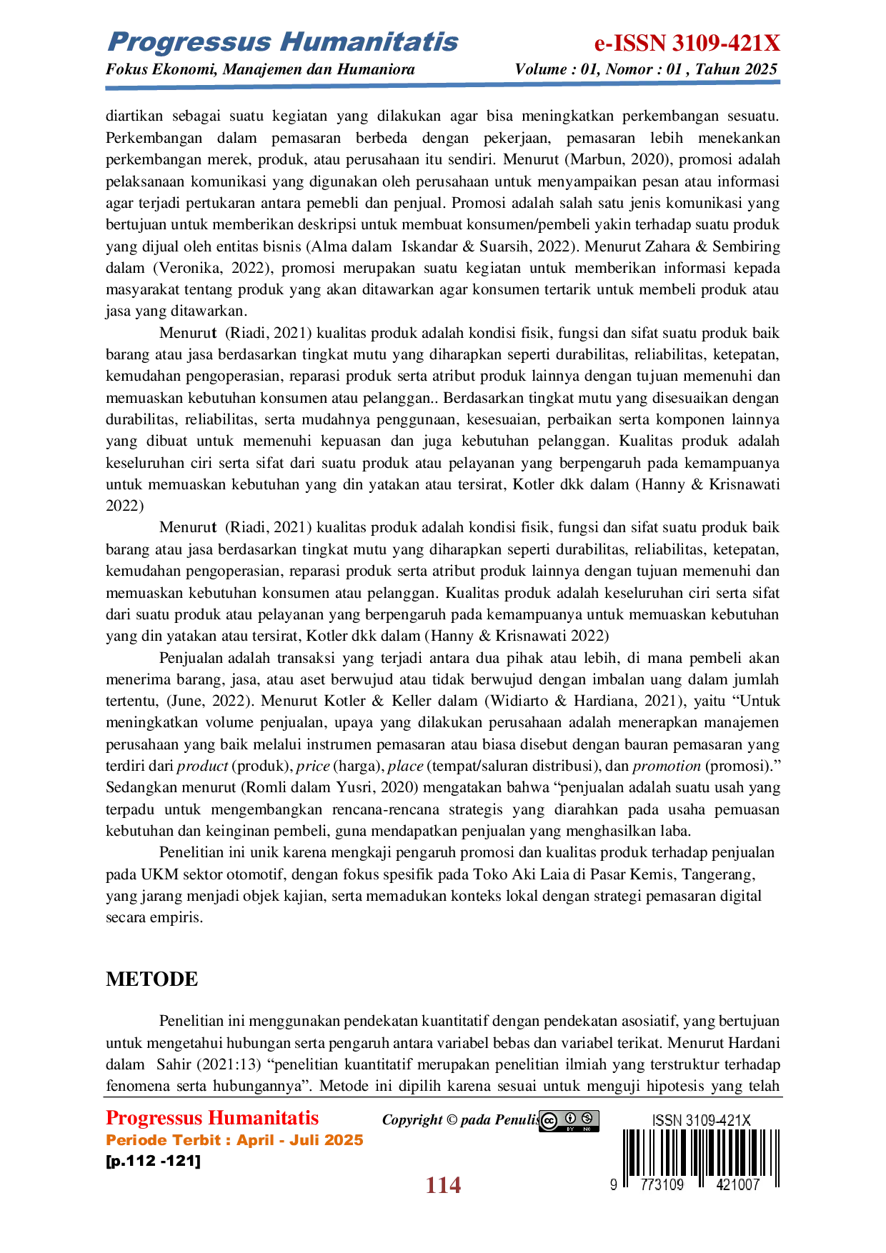 JURIS Pengaruh Promosi dan Kualitas Produk terhadap Penjualan pada Toko Aki Laia Pasar Kemis Tangerang