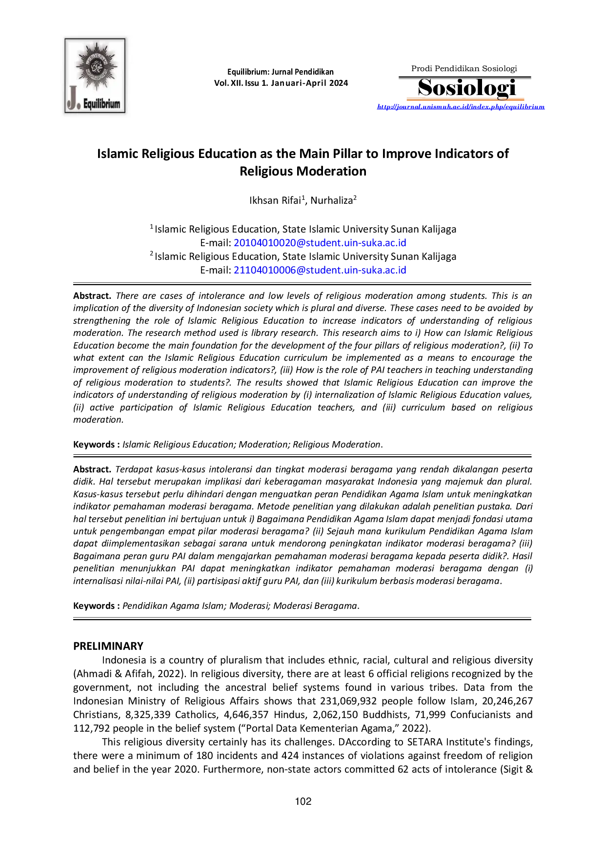 JURIS Islamic Religious Education as the Main Pillar to Improve Indicators of Religious Moderation