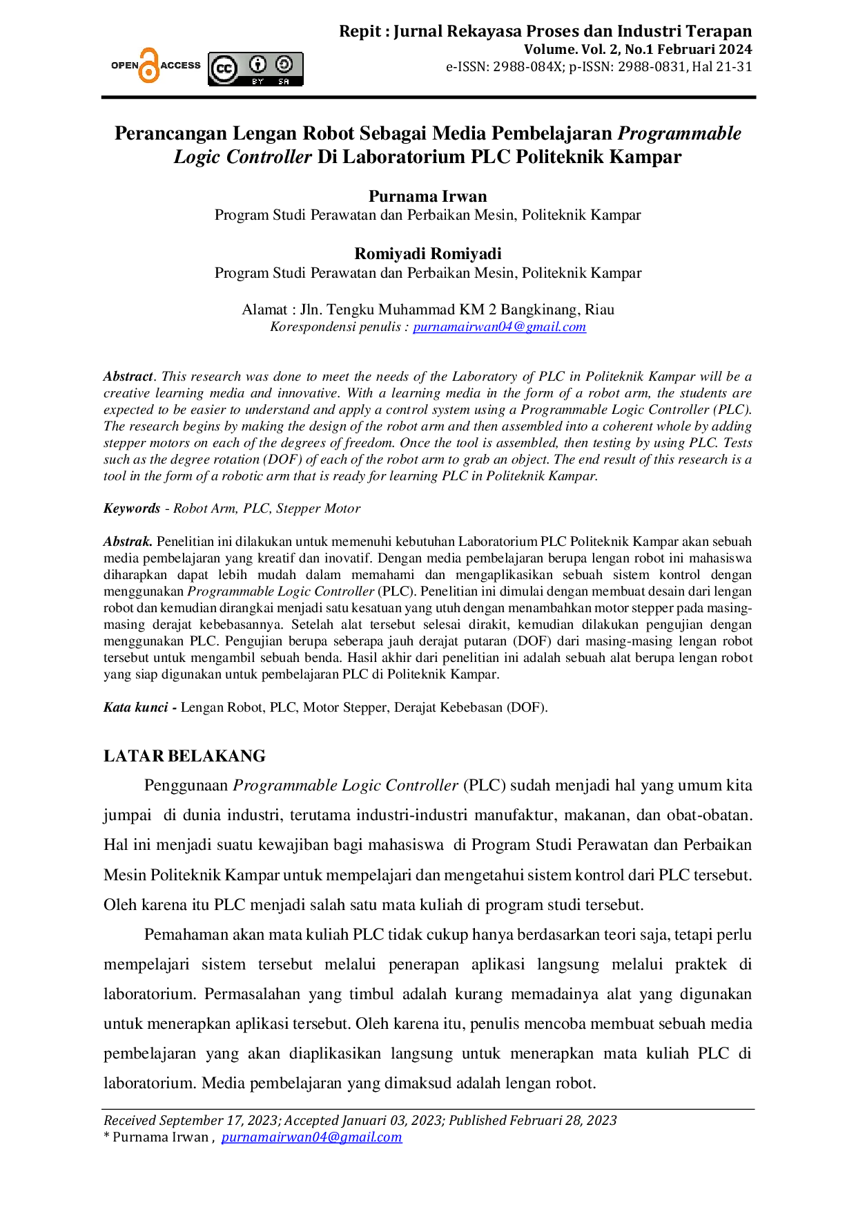 JURIS Perancangan Lengan Robot Sebagai Media Pembelajaran Programmable Logic Controller Di Laboratorium PLC Politeknik Kampar