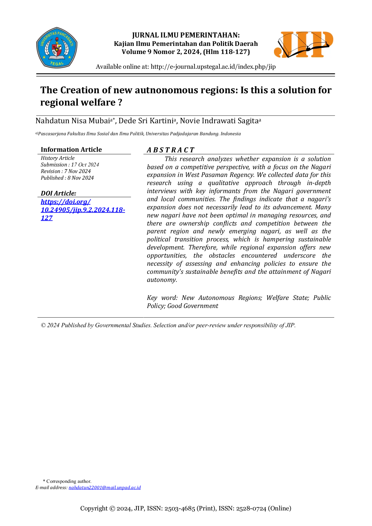JURIS The Creation of new autnonomous regions Is this a solution for regional welfare