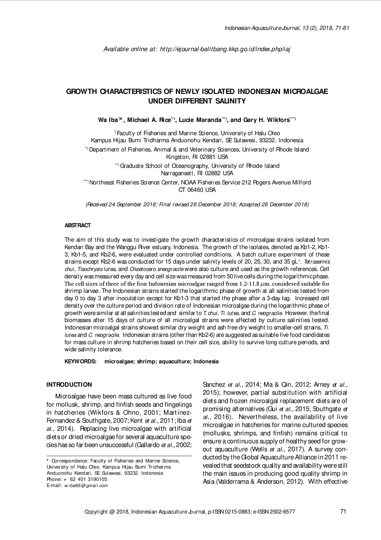juris Growth Characteristics of Newly Isolated Indonesian Microalgae Under Different Salinity