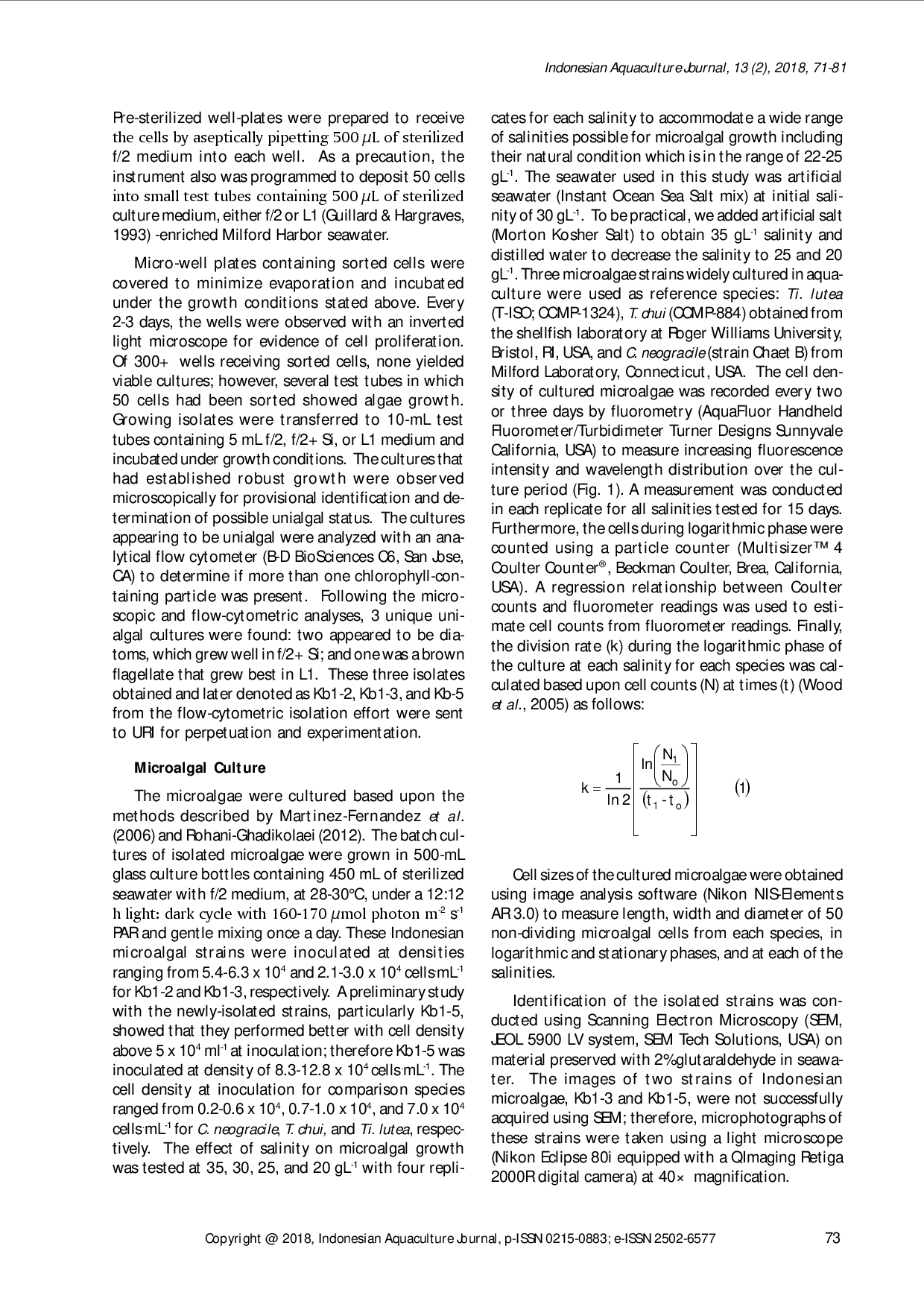 juris Growth Characteristics of Newly Isolated Indonesian Microalgae Under Different Salinity