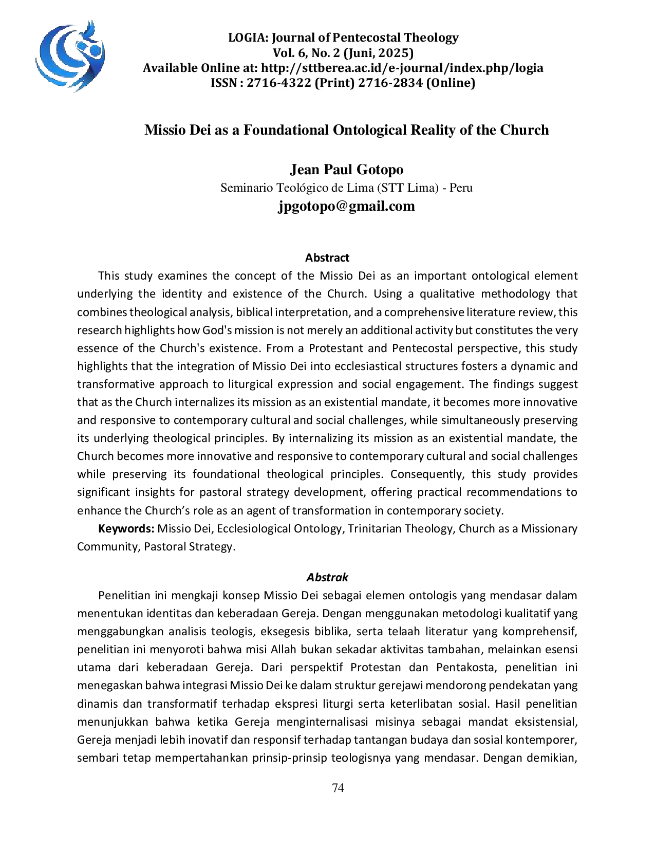 JURIS Missio Dei As A Foundational Ontological Reality Of The Church