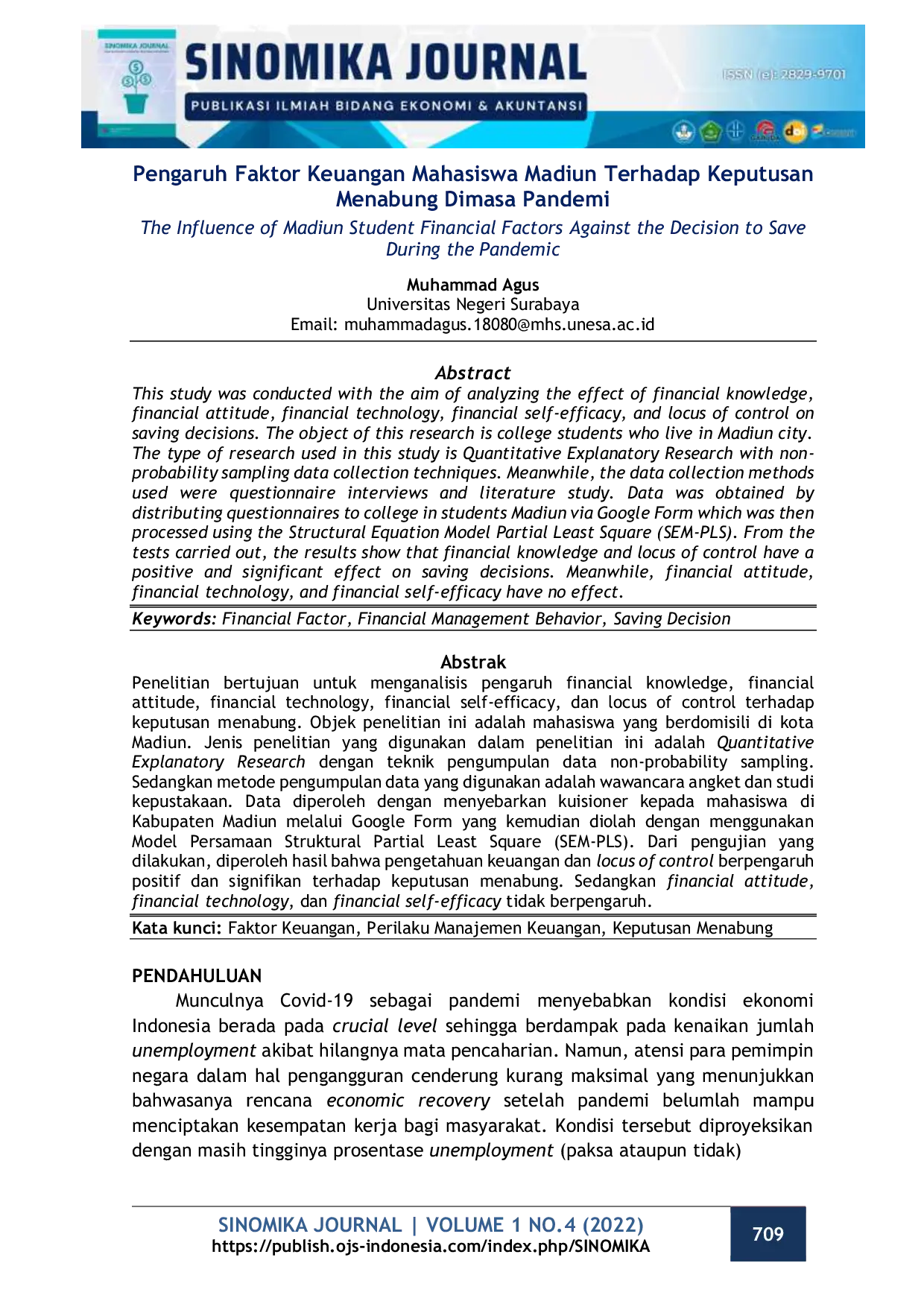 JURIS Pengaruh Faktor Keuangan Mahasiswa Madiun Terhadap Keputusan Menabung Dimasa Pandemi