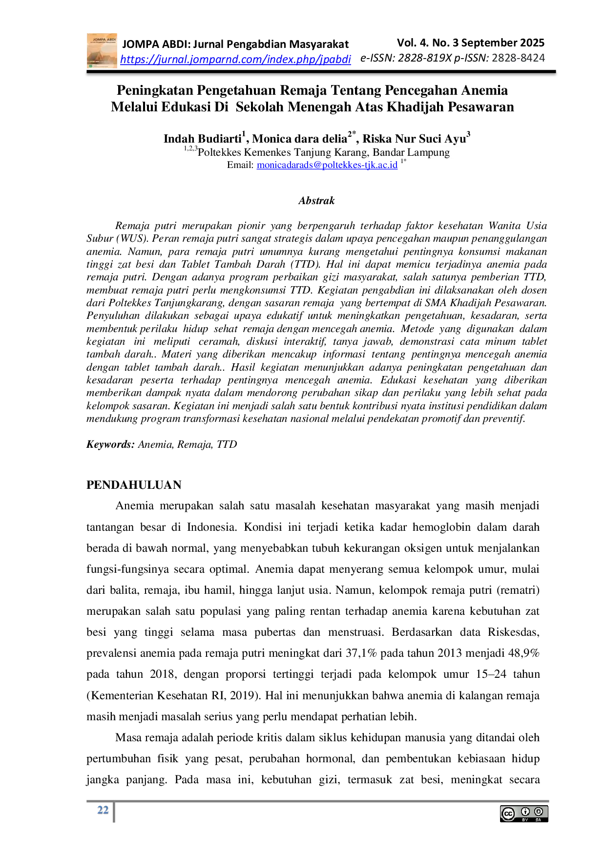 JURIS Peningkatan Pengetahuan Remaja Tentang Pencegahan Anemia Melalui Edukasi Di Sekolah Menengah Atas Khadijah Pesawaran