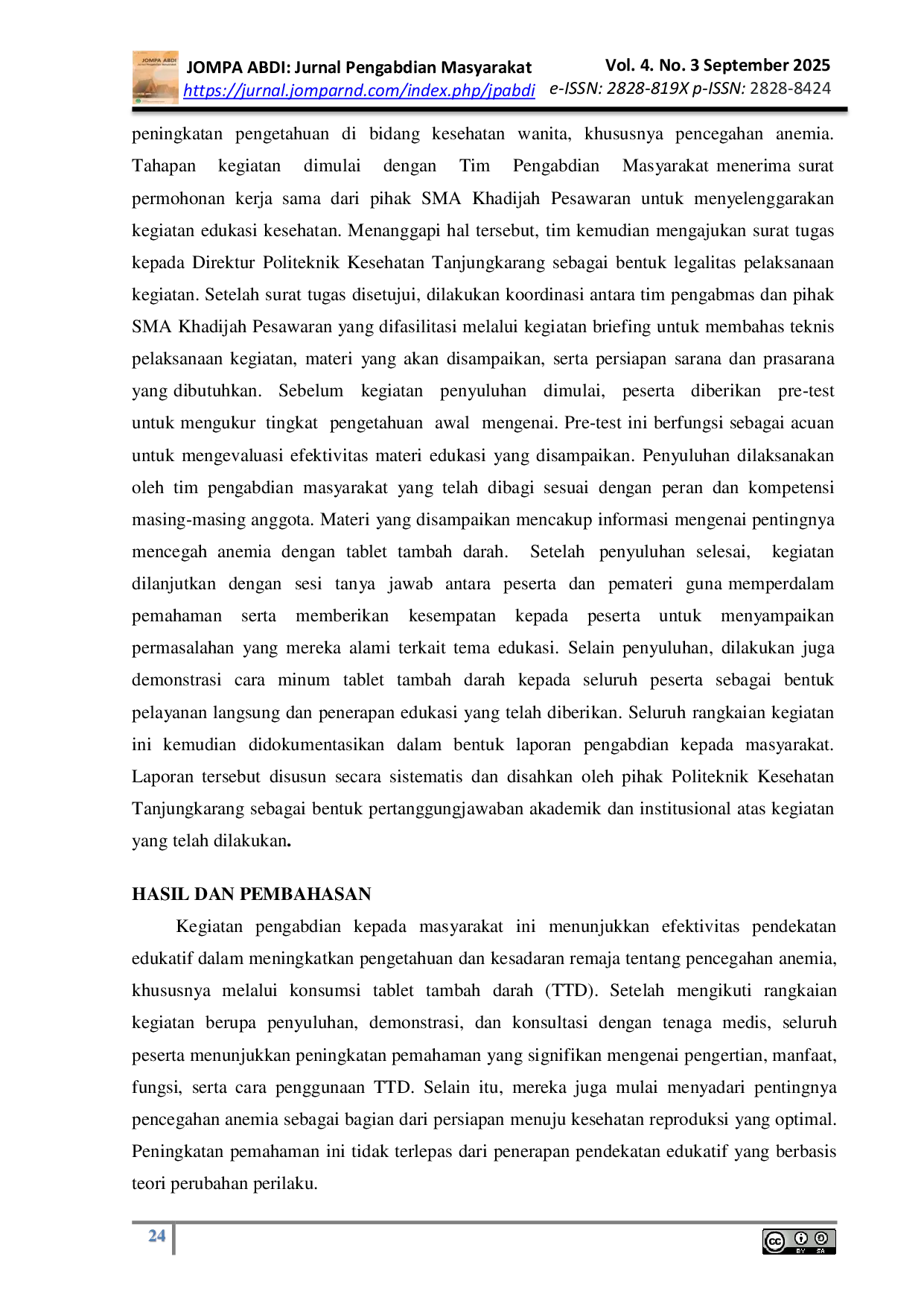 JURIS Peningkatan Pengetahuan Remaja Tentang Pencegahan Anemia Melalui Edukasi Di Sekolah Menengah Atas Khadijah Pesawaran