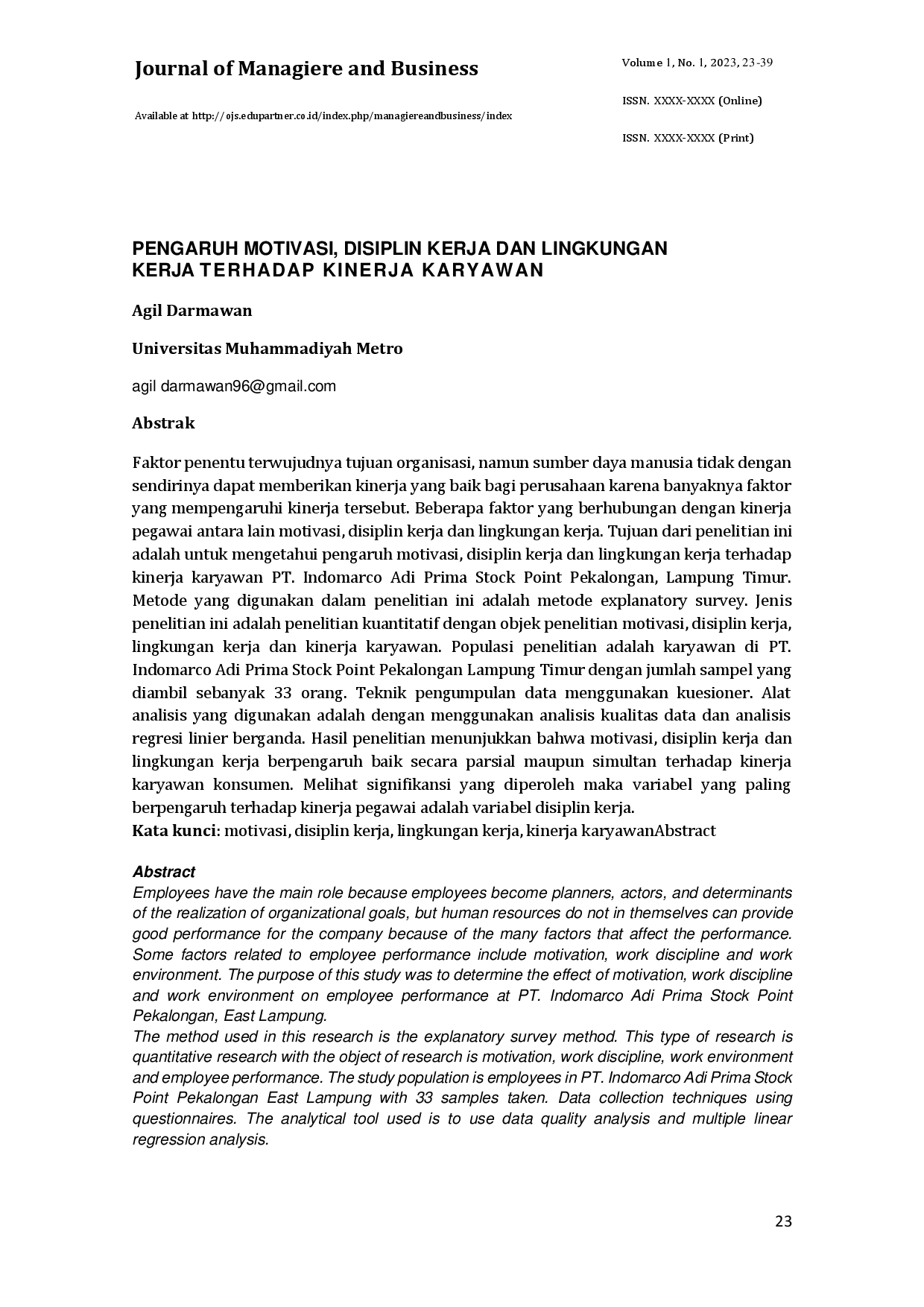 juris Pengaruh Motivasi Disiplin Kerja dan Lingkungan Kerja Terhadap Kinerja Karyawan