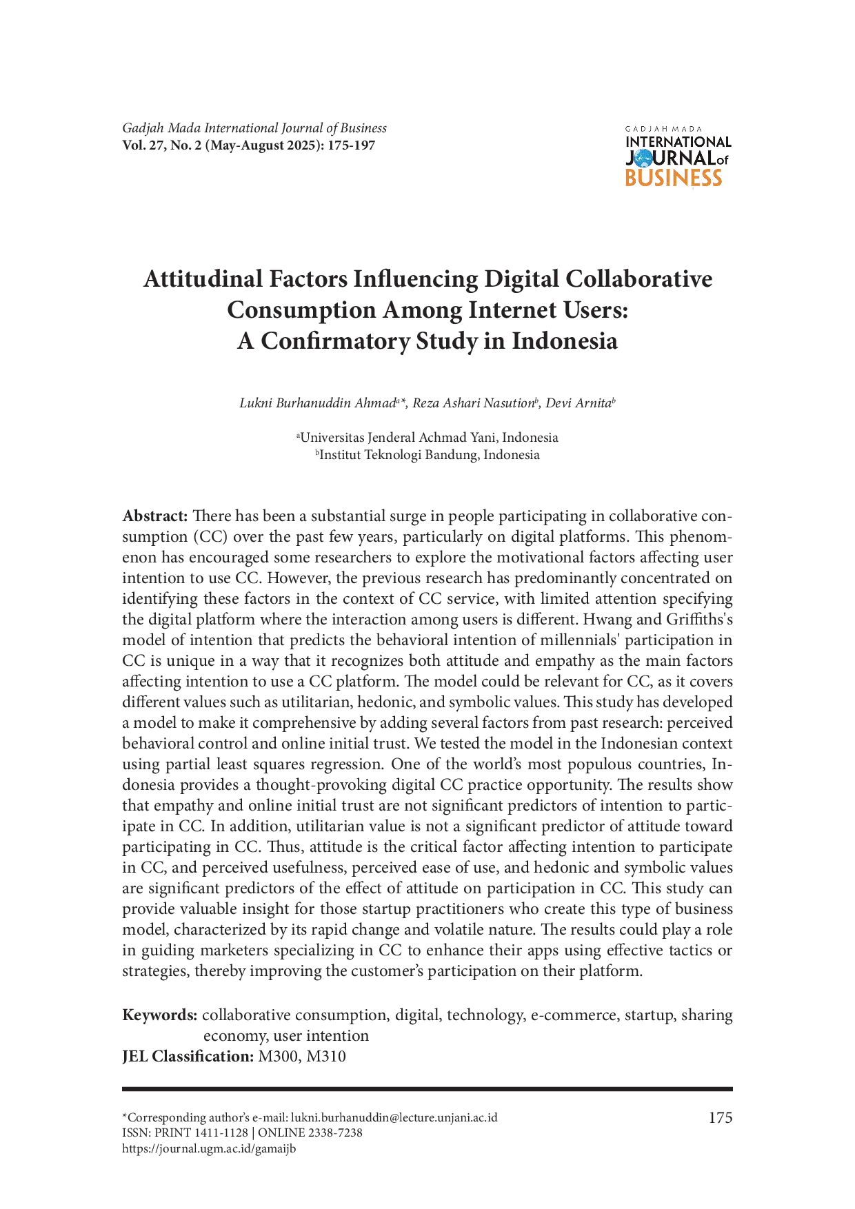 JURIS Attitudinal Factors Influencing Digital Collaborative Consumption Among Internet Users A Confirmatory Study in Indonesia