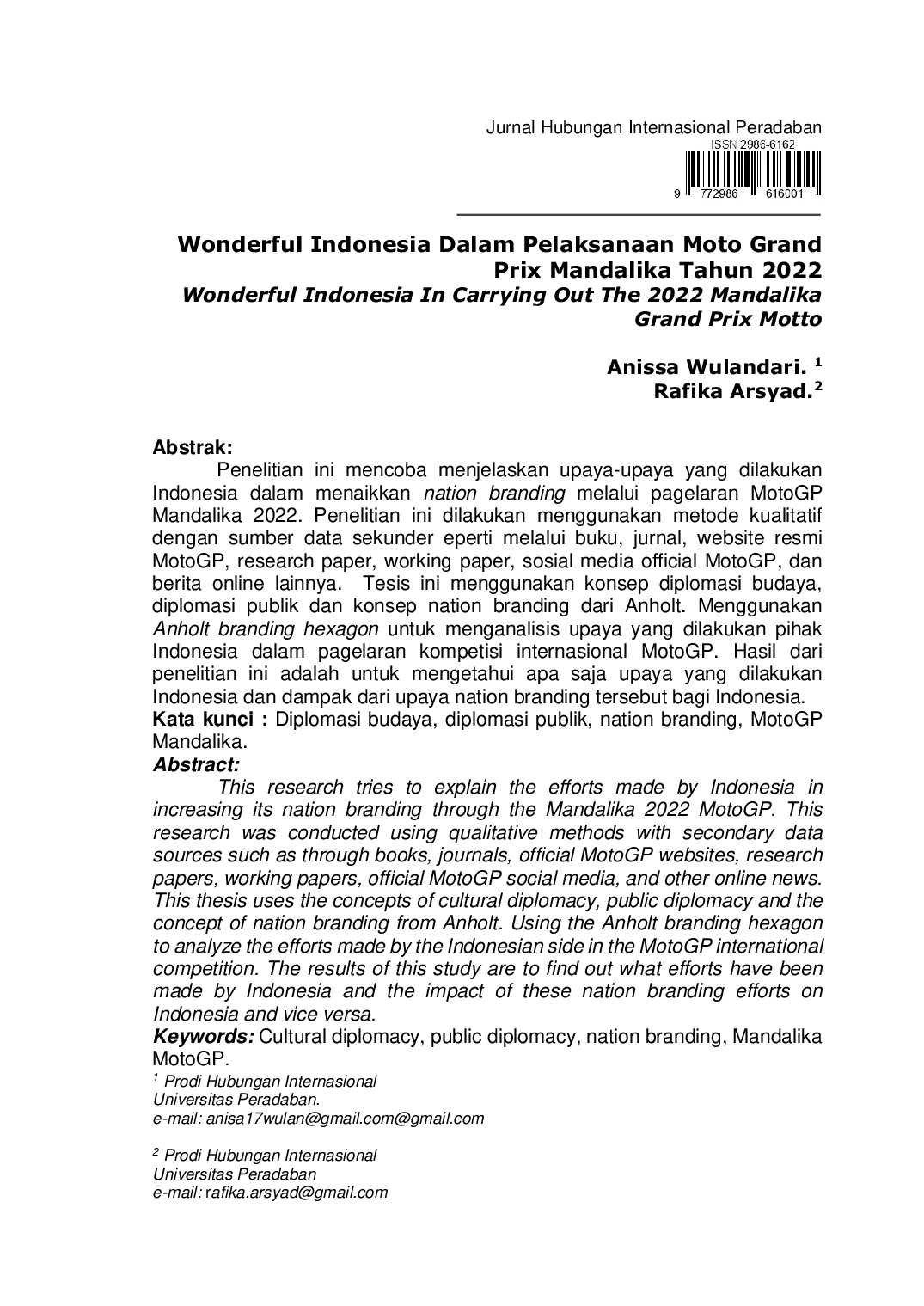 JURIS Wonderful Indonesia Dalam Pelaksanaan Moto Grand Prix Mandalika Tahun 2022