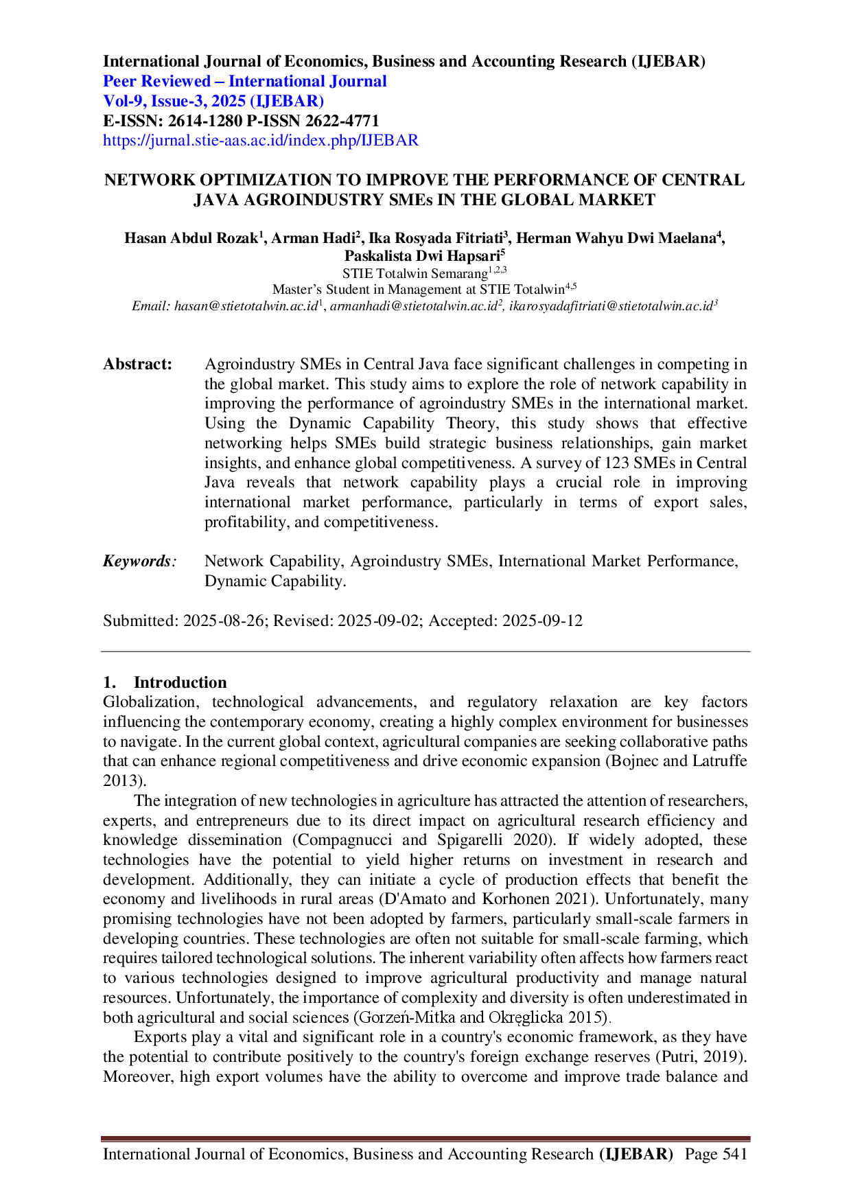 juris Network Optimization to Improve the Performance of Central Java Agroindustry SMEs in the Global Market