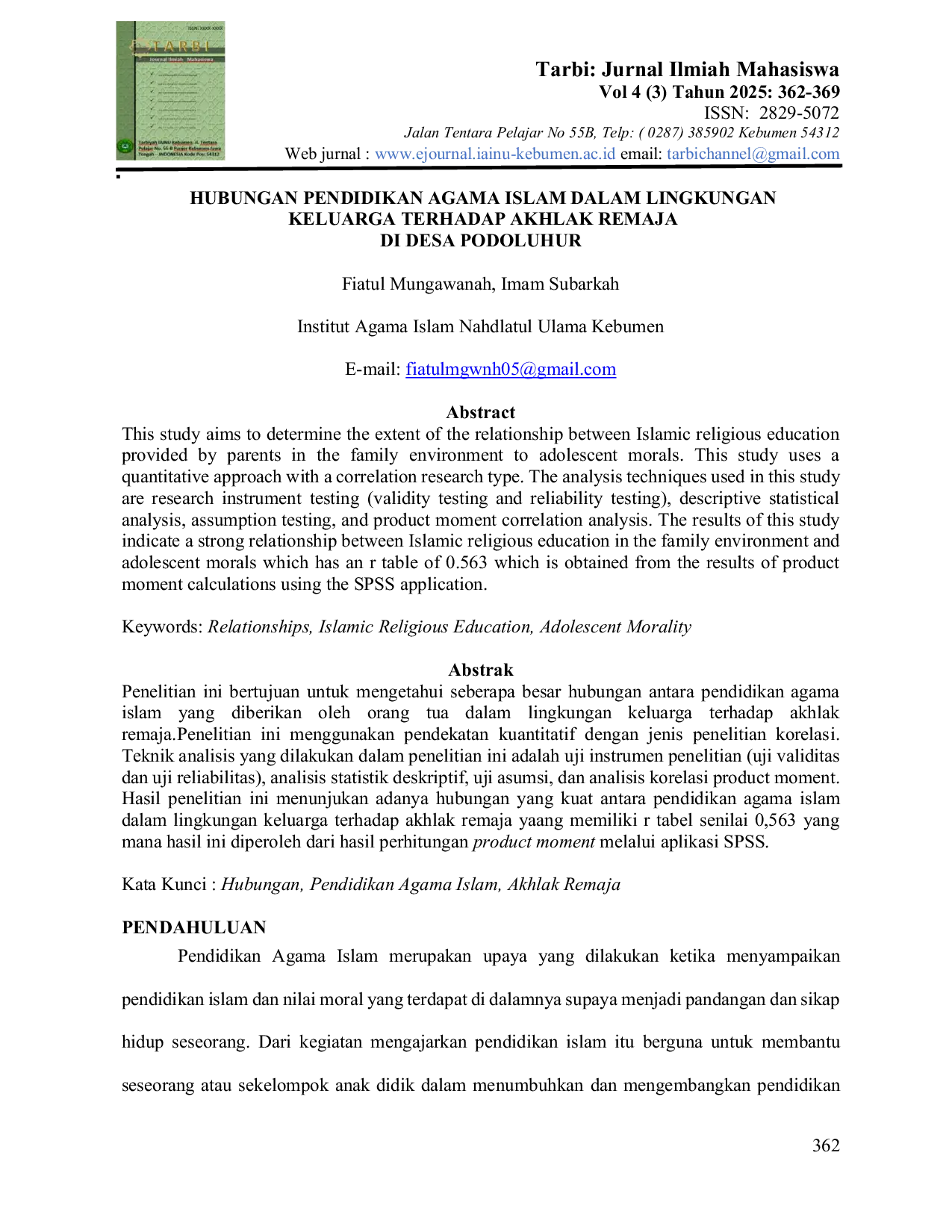 JURIS Hubungan Pendidikan Agama Islam dalam Lingkungan Keluarga Terhadap Akhlak Remaja Di Desa Podoluhur