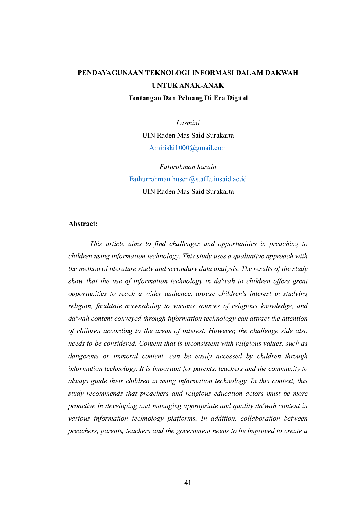 JURIS Pendayagunaan Teknologi Informasi Dalam Dakwah Untuk Anak Anak Tantangan Dan Peluang Di Era Digital