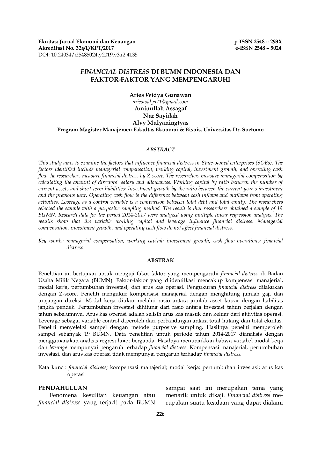 JURIS Financial Distress Di BUMN Indonesia dan Faktor Faktor yang Mempengaruhi