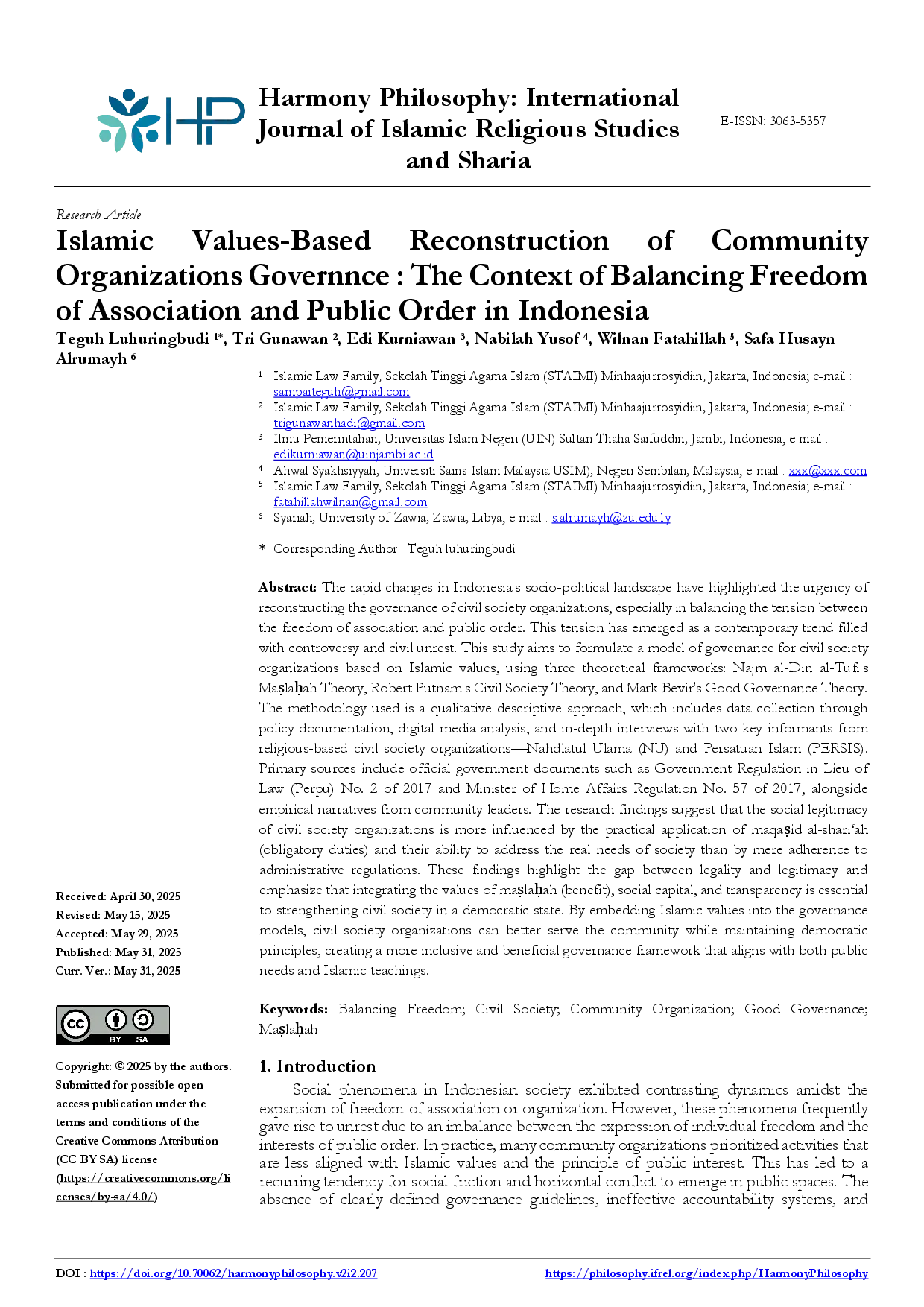 juris Islamic Values Based Reconstruction of Community Organizations Governnce The Context of Balancing Freedom of Association and Public Order in Indonesia