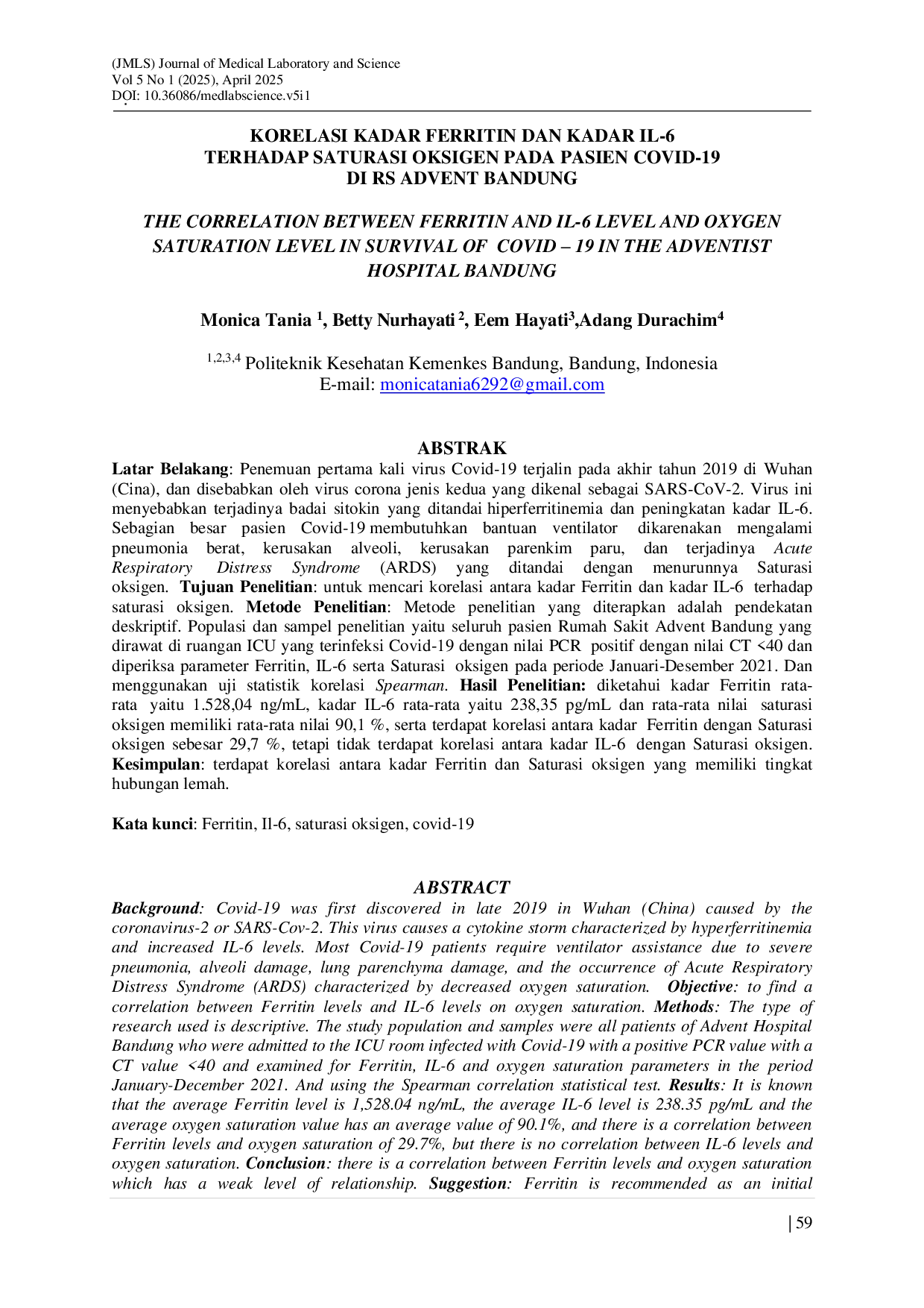 JURIS Korelasi Kadar Ferritin dan Kadar IL 6 Terhadap Saturasi Oksigen pada Pasien COVID 19 di RS Advent Bandung