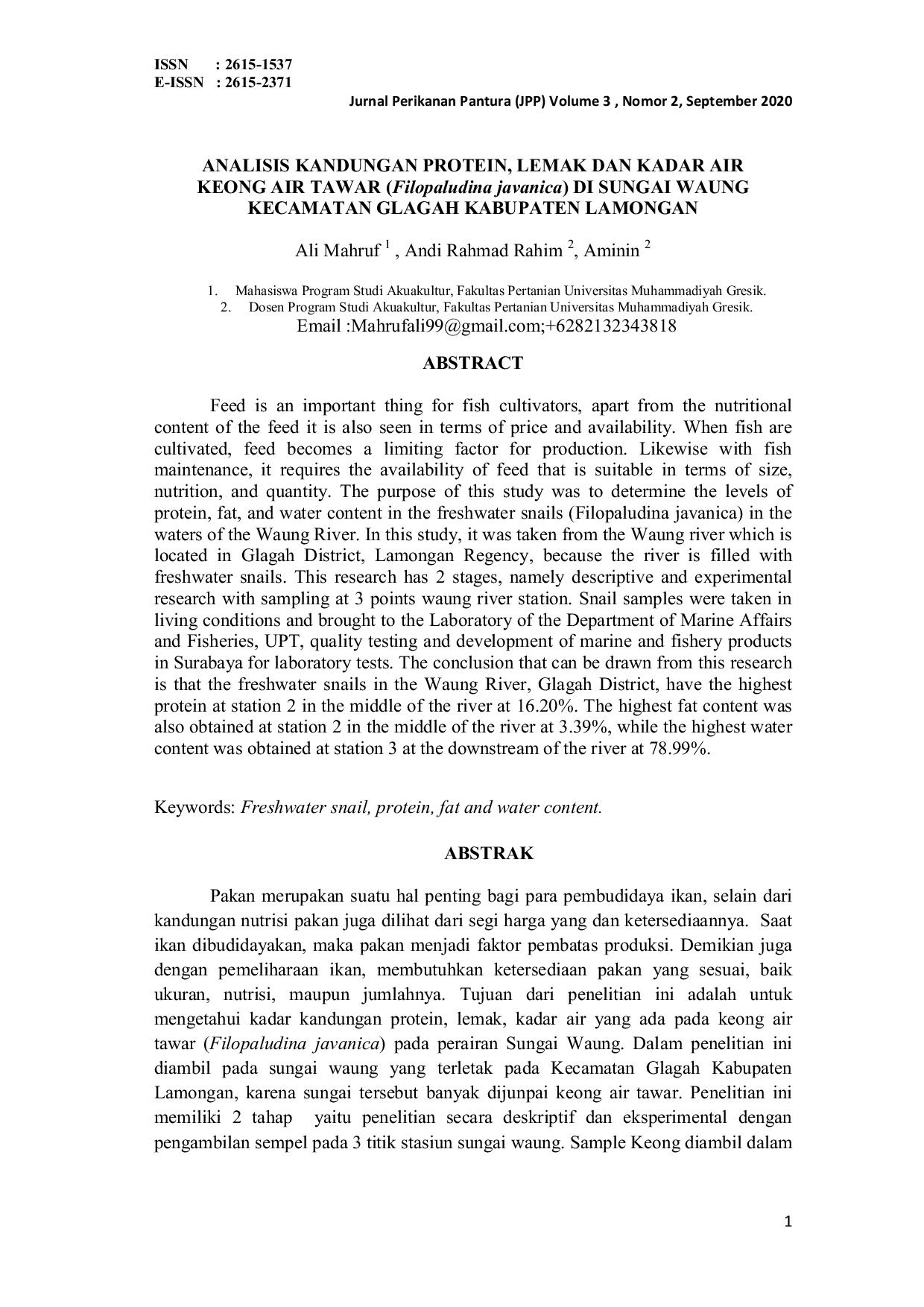JURIS ANALISIS KANDUNGAN PROTEIN LEMAK DAN KADAR AIR KEONG AIR TAWAR Filopaludina javanica DI SUNGAI WAUNG KECAMATAN GLAGAH KABUPATEN LAMONGAN
