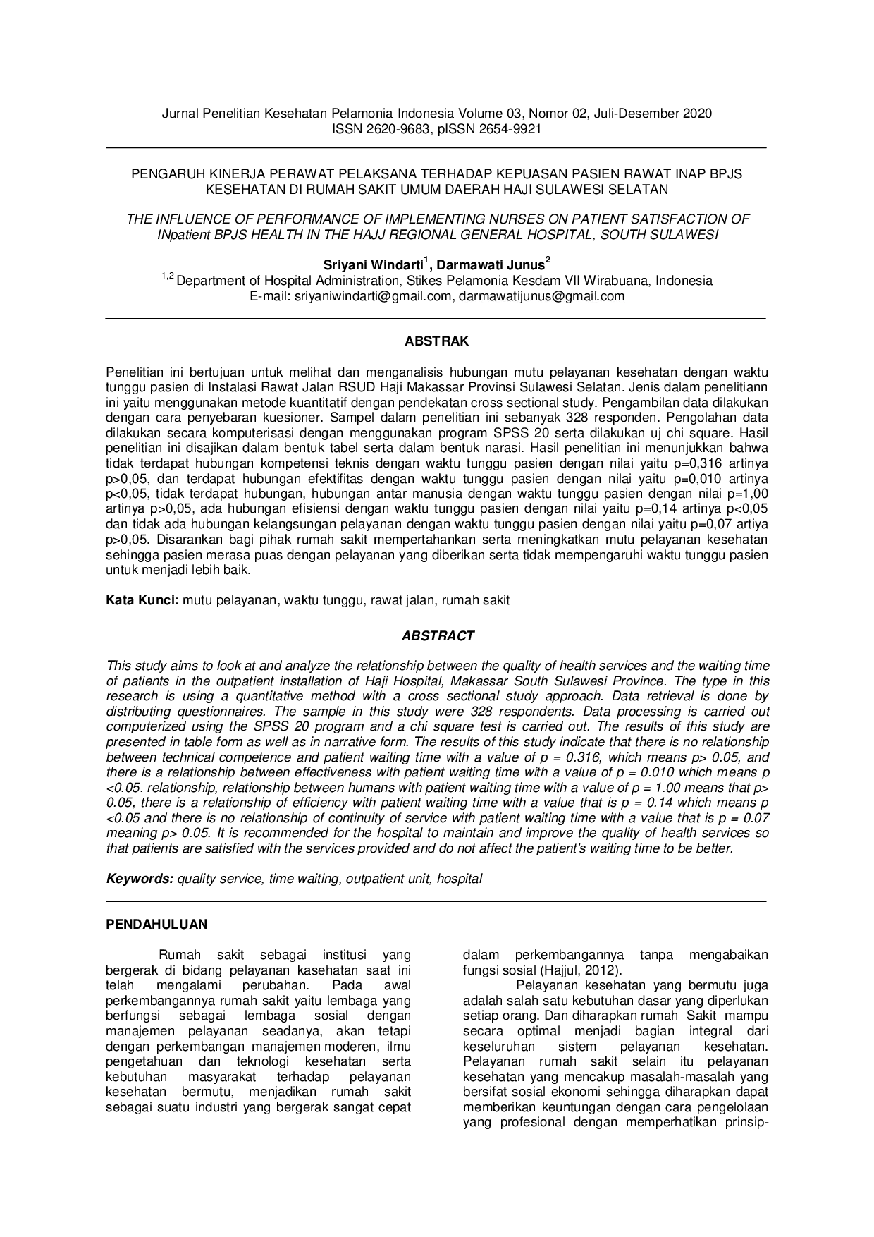 JURIS Hubungan Mutu Pelayanan Kesehatan Dengan Waktu Tunggu Pasien Di Instalasi Rawat Jalan Rsud Haji Makassar Provinsi Sulawesi Selatan
