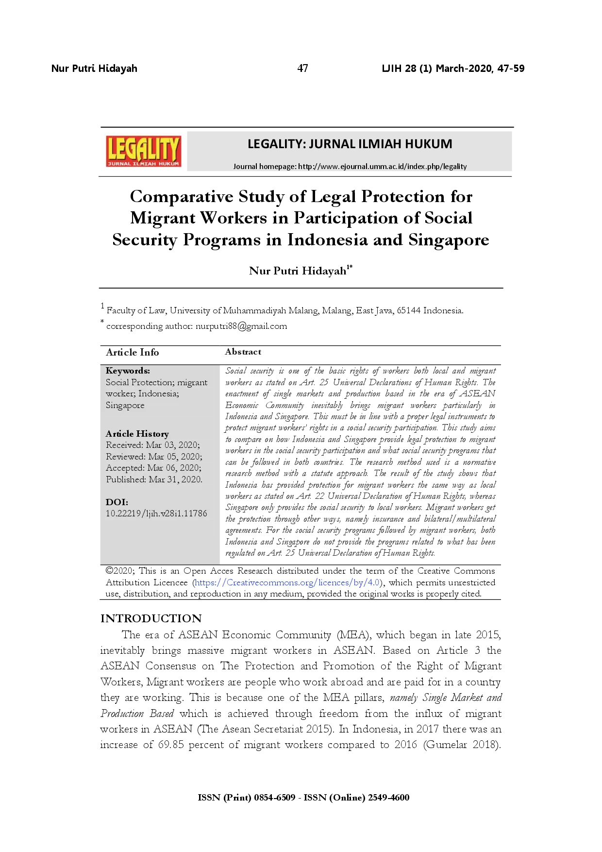 juris Comparative study of legal protection for migrant workers in participation of social security programs in Indonesia and Singapore
