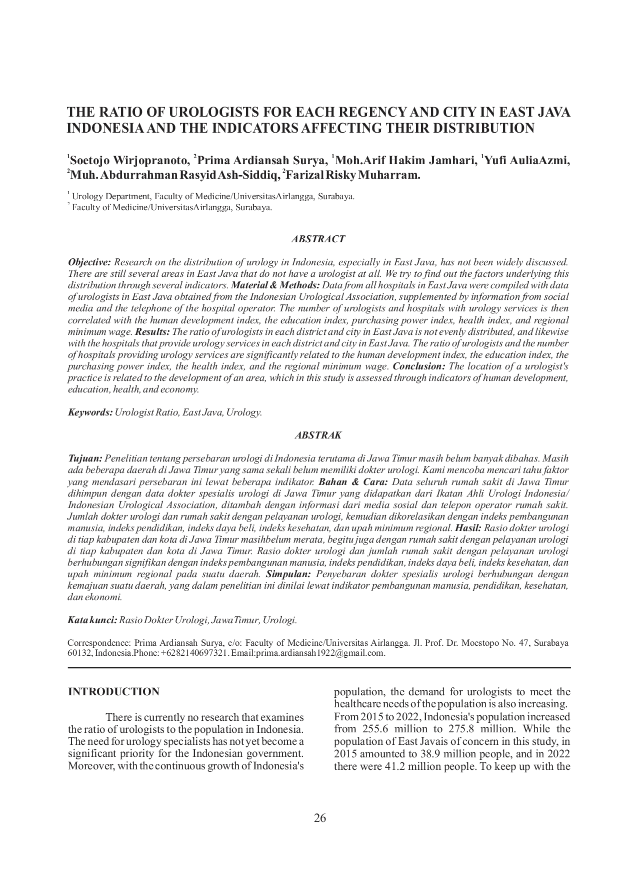 JURIS The Ratio Of Urologists For Each Regency And City In East Java Indonesia And The Indicators Affecting Their Distribution