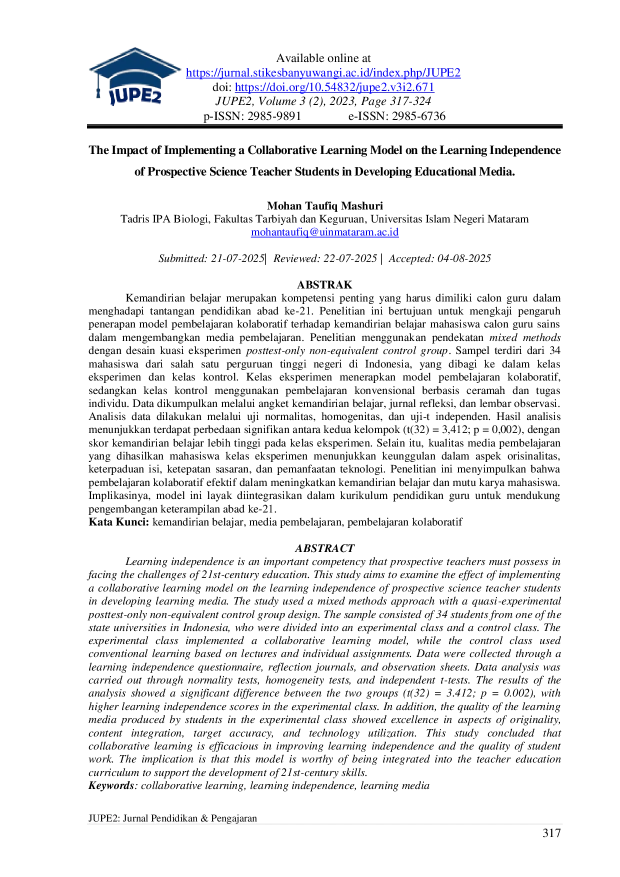 JURIS The Impact of Implementing a Collaborative Learning Model on the Learning Independence of Prospective Science Teacher Students in Developing Educational Media