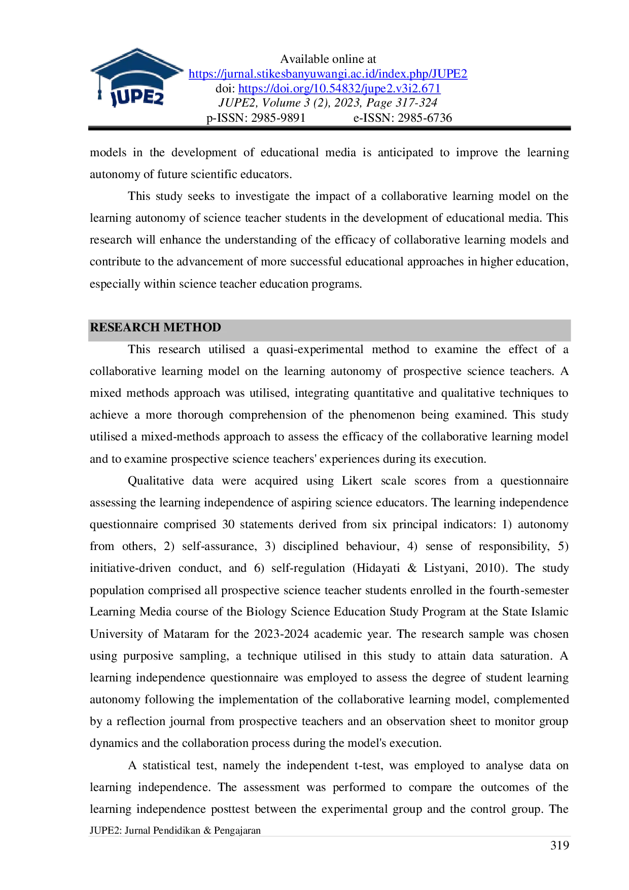 JURIS The Impact of Implementing a Collaborative Learning Model on the Learning Independence of Prospective Science Teacher Students in Developing Educational Media
