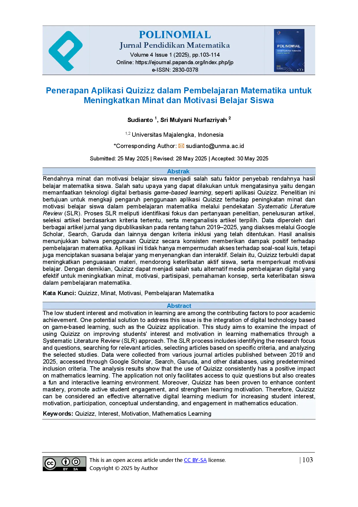 juris Penerapan Aplikasi Quizizz dalam Pembelajaran Matematika untuk Meningkatkan Minat dan Motivasi Belajar Siswa