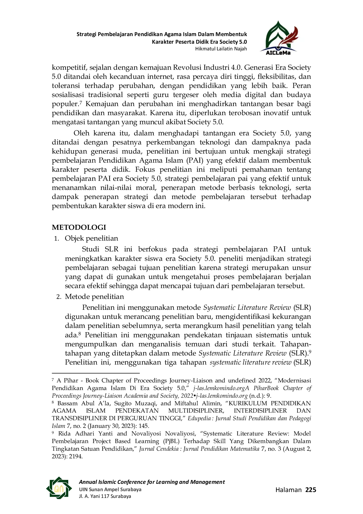 JURIS Strategi Pembelajaran Pendidikan Agama Islam Dalam Membentuk Karakter Peserta Didik Era Society 5 0