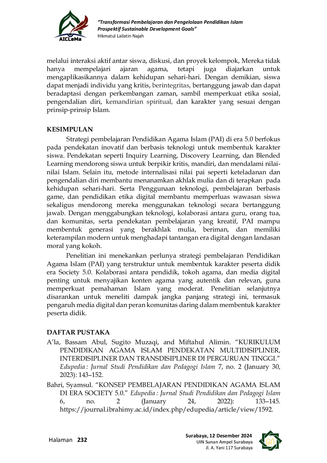 JURIS Strategi Pembelajaran Pendidikan Agama Islam Dalam Membentuk Karakter Peserta Didik Era Society 5 0