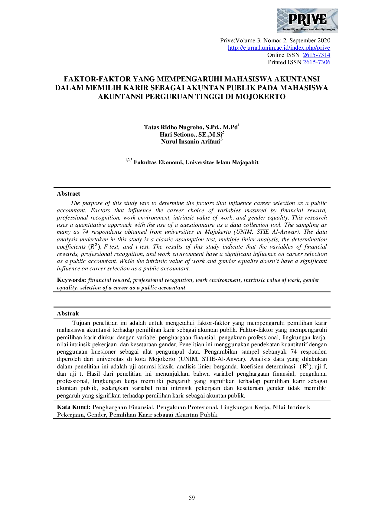 JURIS Faktor Faktor Yang Mempengaruhi Mahasiswa Akuntansi Dalam Memilih Karir Sebagai Akuntan Publik Pada Mahasiswa Akuntansi Perguruan Tinggi di Mojokerto