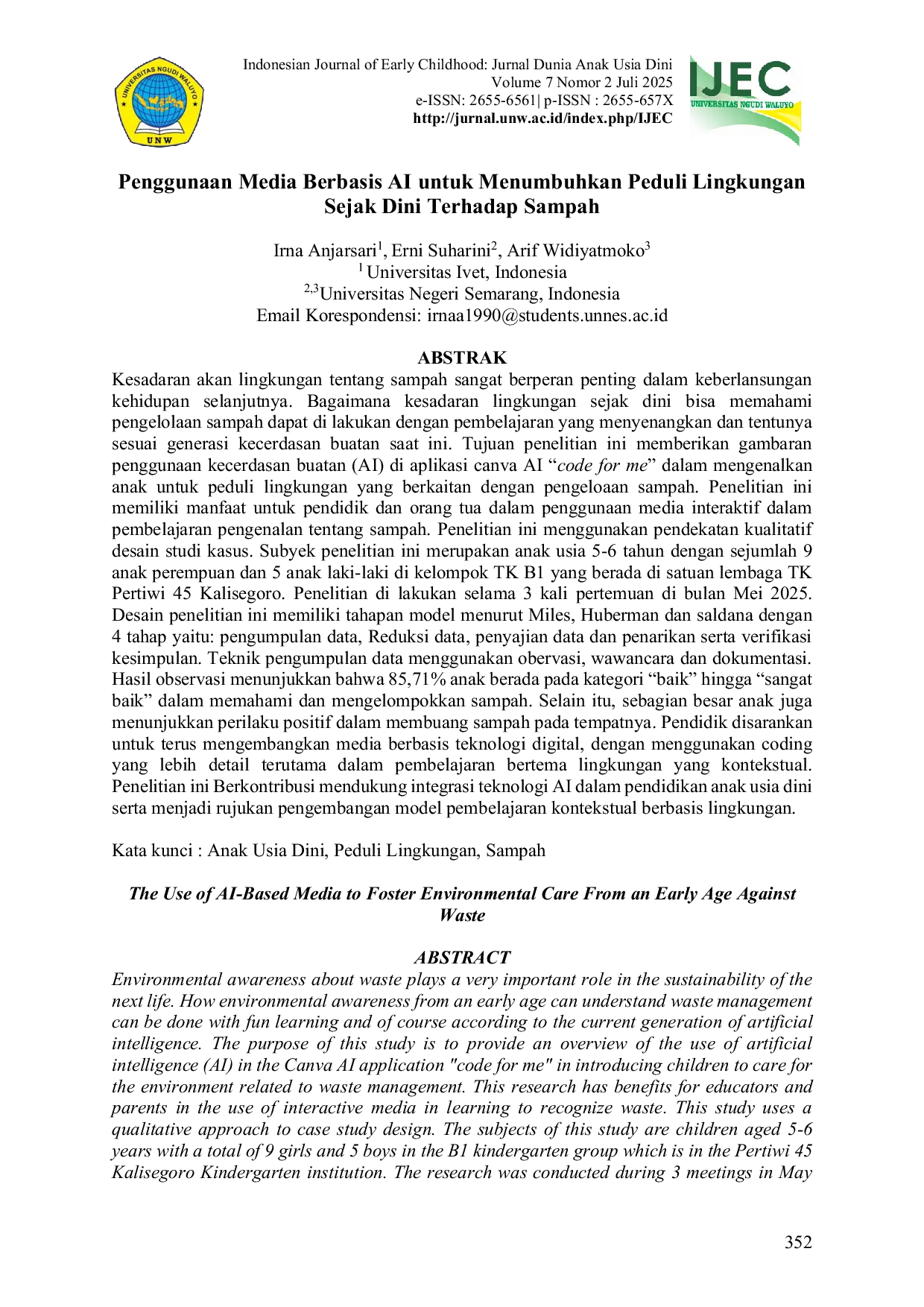 JURIS Penggunaan Media Berbasis AI untuk Menumbuhkan Peduli Lingkungan Sejak Dini Terhadap Sampah The Use of AI Based Media to Foster Environmental Care From an Early Age Against Waste