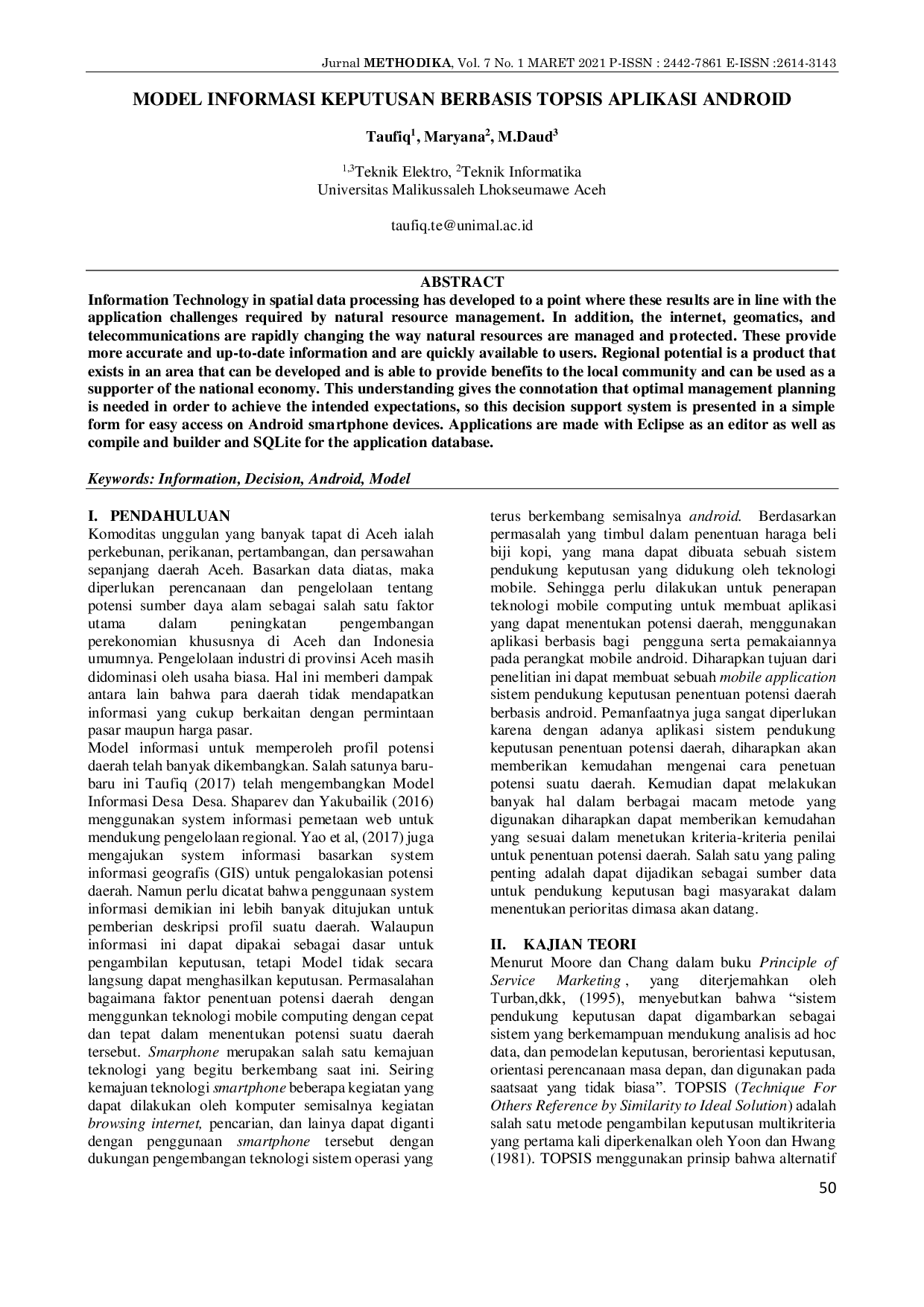 JURIS Model Informasi Keputusan Berbasis TOPSIS Aplikasi Android