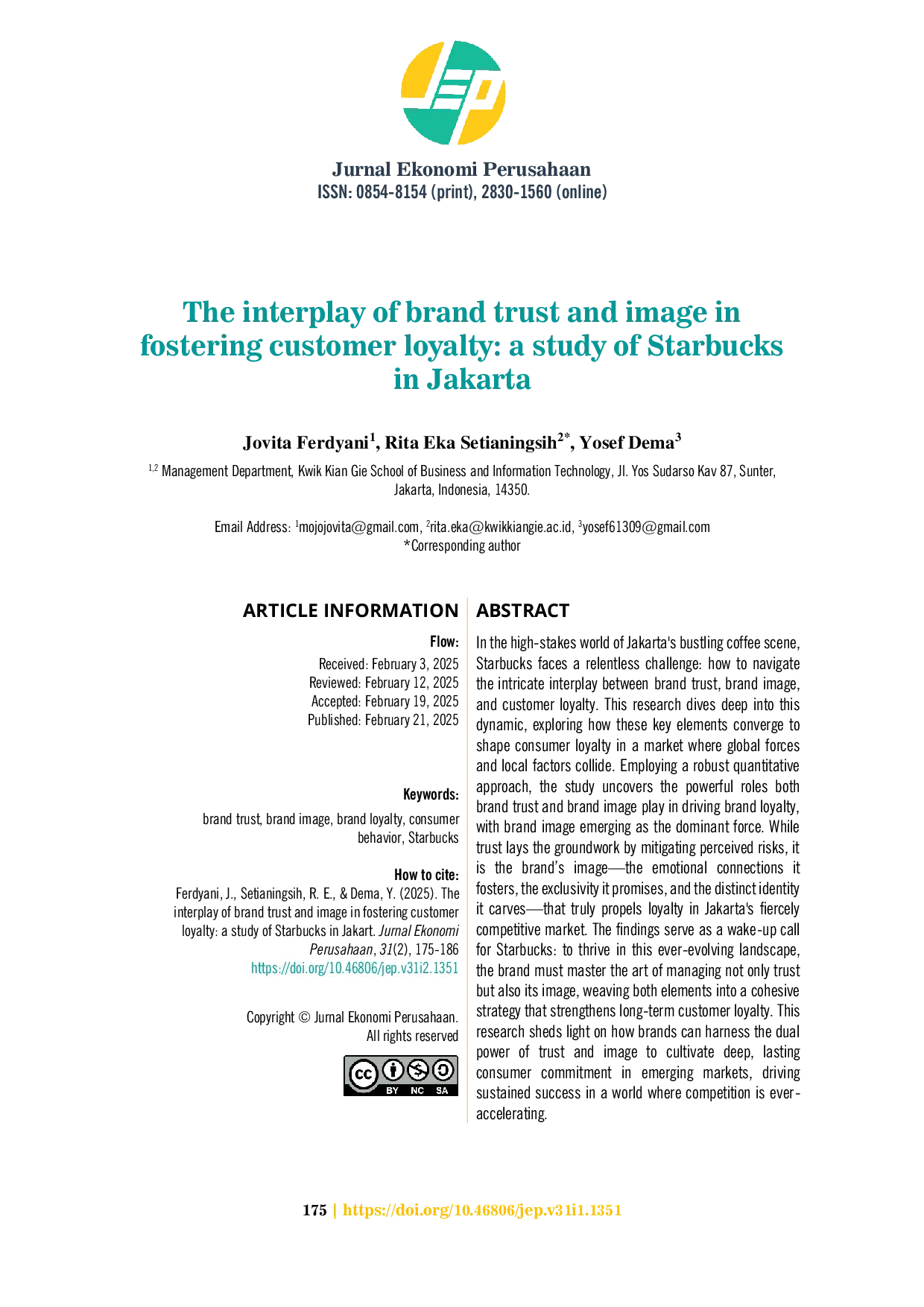JURIS The interplay of brand trust and image in fostering customer loyalty a study of Starbucks in Jakarta