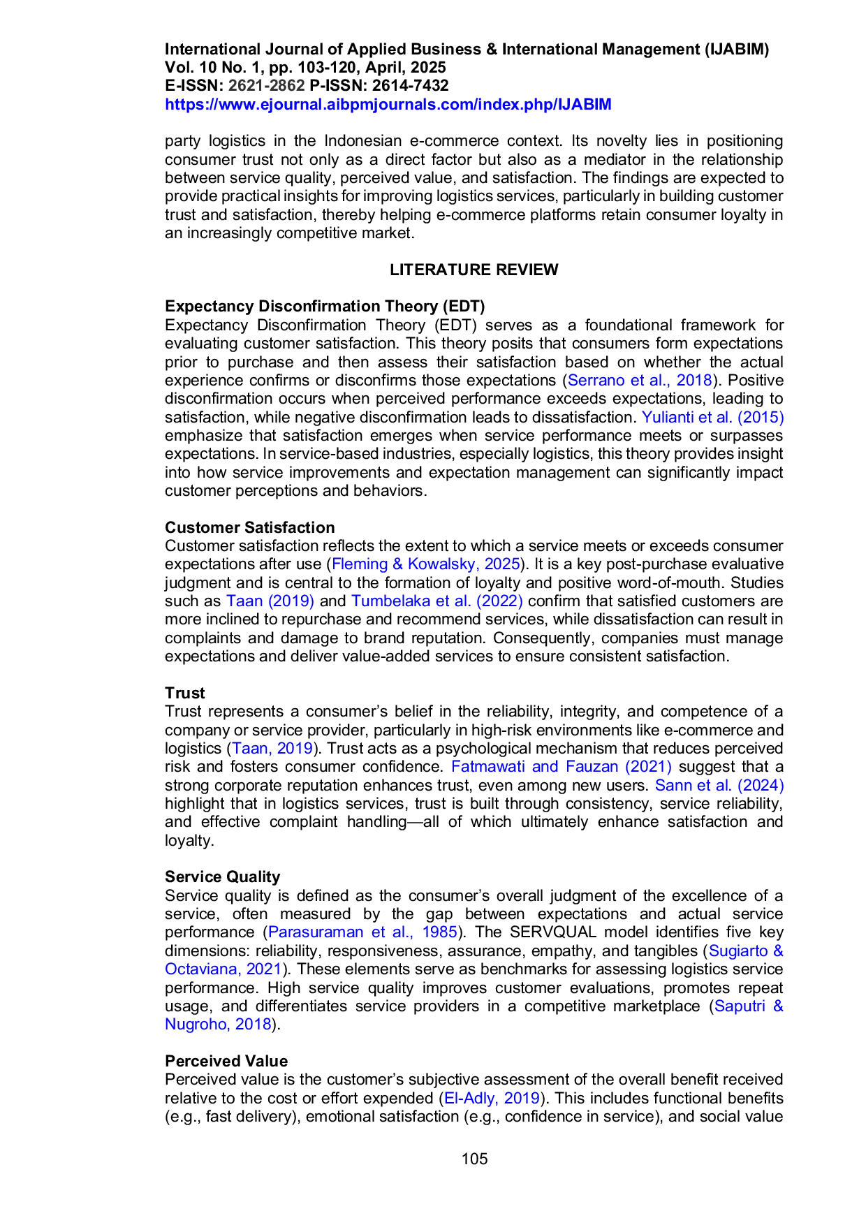 JURIS Service Quality and Perceived Value Toward Customer Satisfaction in E Commerce Delivery The Role of Trust