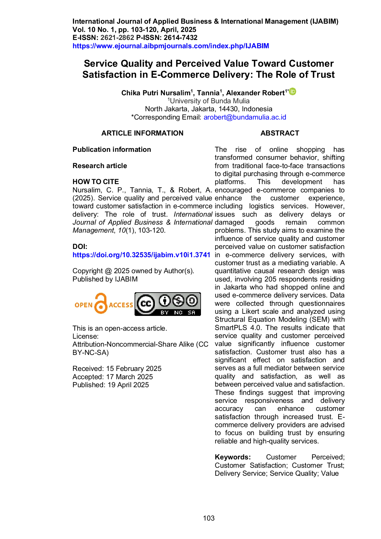 JURIS Service Quality and Perceived Value Toward Customer Satisfaction in E Commerce Delivery The Role of Trust