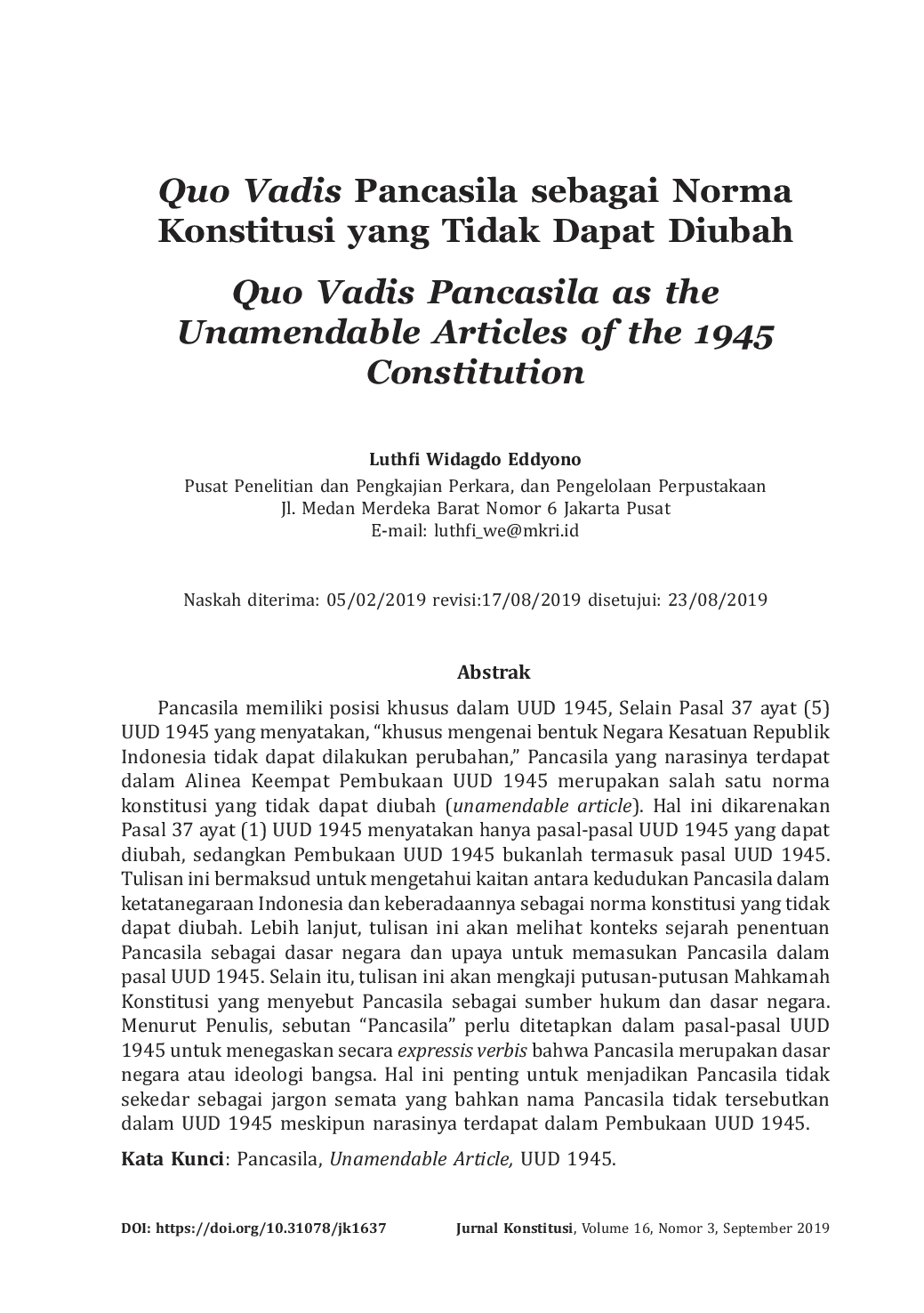 JURIS Quo Vadis Pancasila sebagai Norma Konstitusi yang Tidak Dapat Diubah