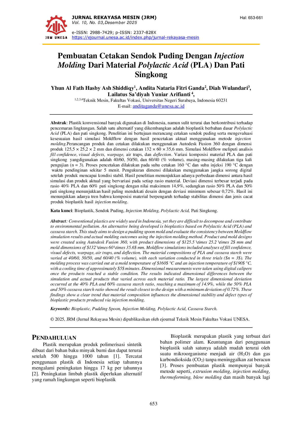 JURIS Pembuatan Cetakan Sendok Puding Dengan Injection Molding Dari Material Polylactic Acid PLA Dan Pati Singkong