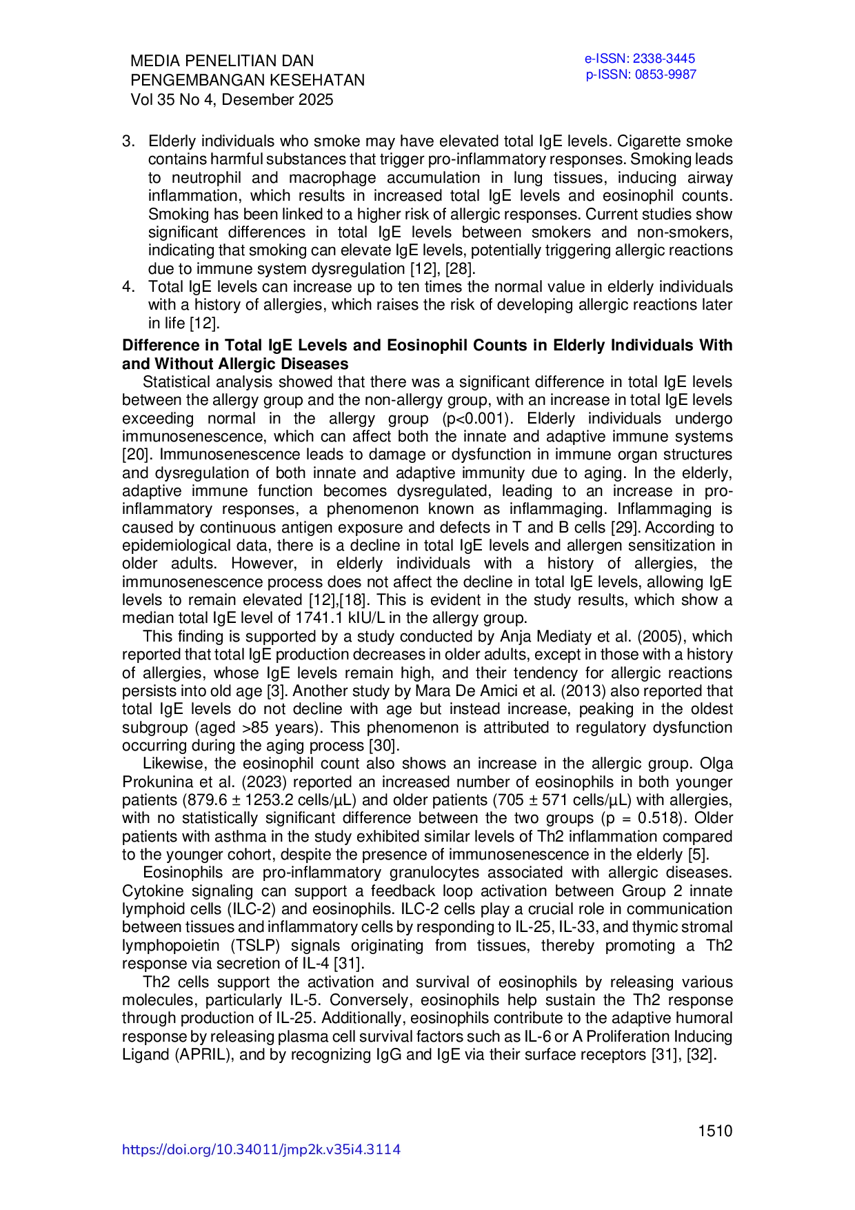 JURIS The Difference In Total Immunoglobulin E Levels And Eosinophil Counts Among Elderly Individuals With And Without Allergic Diseases